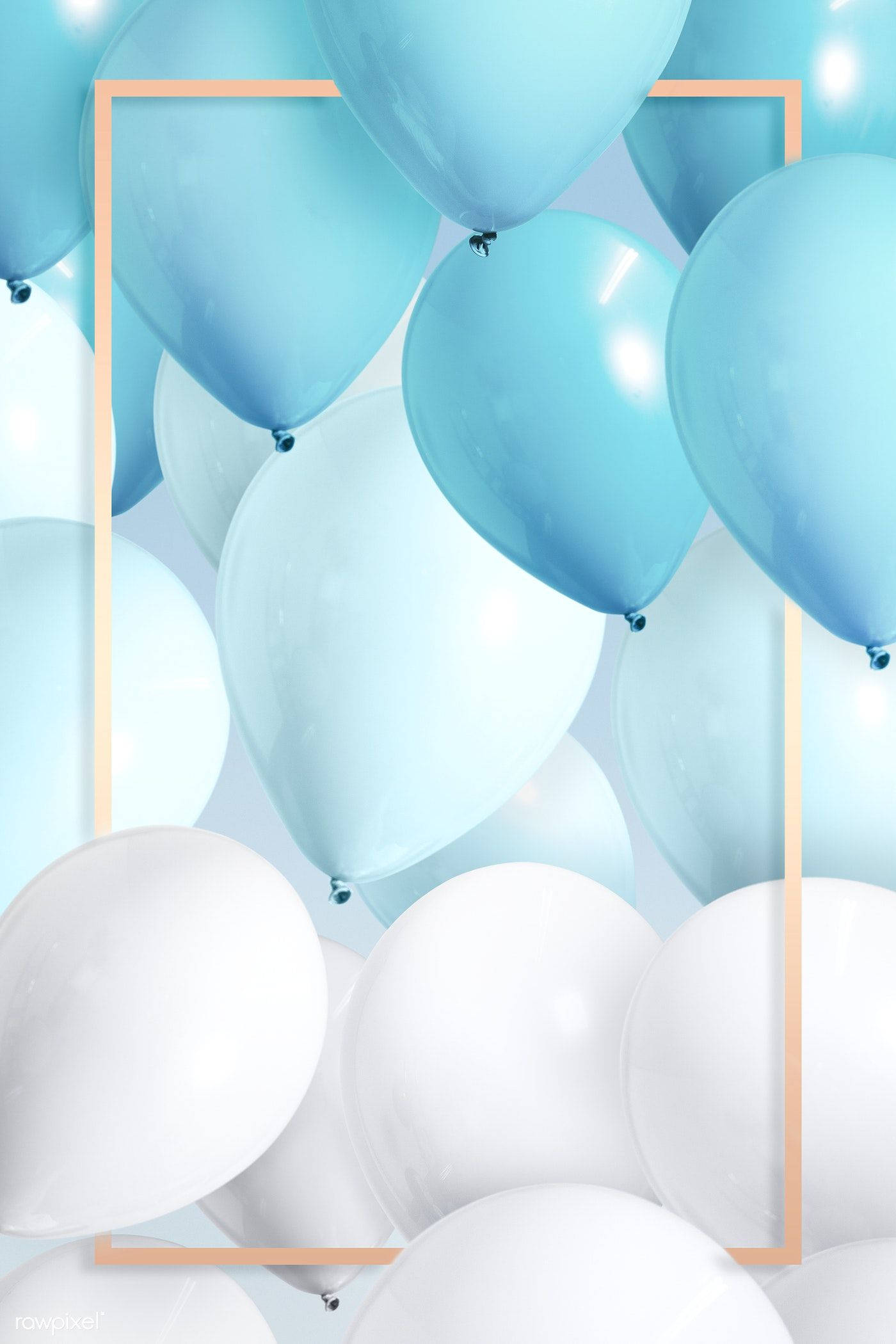 blue and white balloons, thin gold rectangular frame, soft gradient background, Full HD Phone Wallpaper