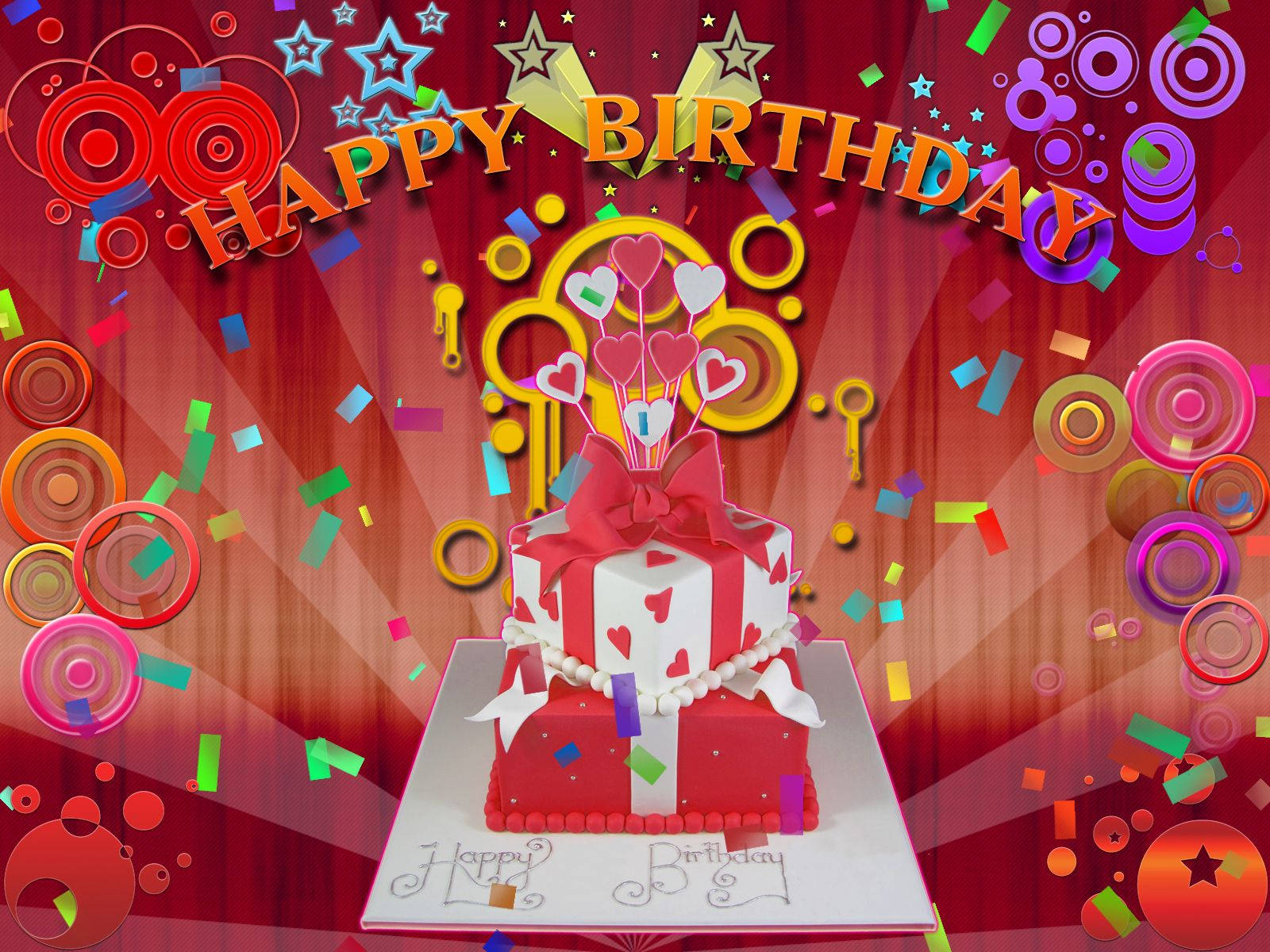 Happy Birthday, red hearts, bow, HD Desktop Wallpaper