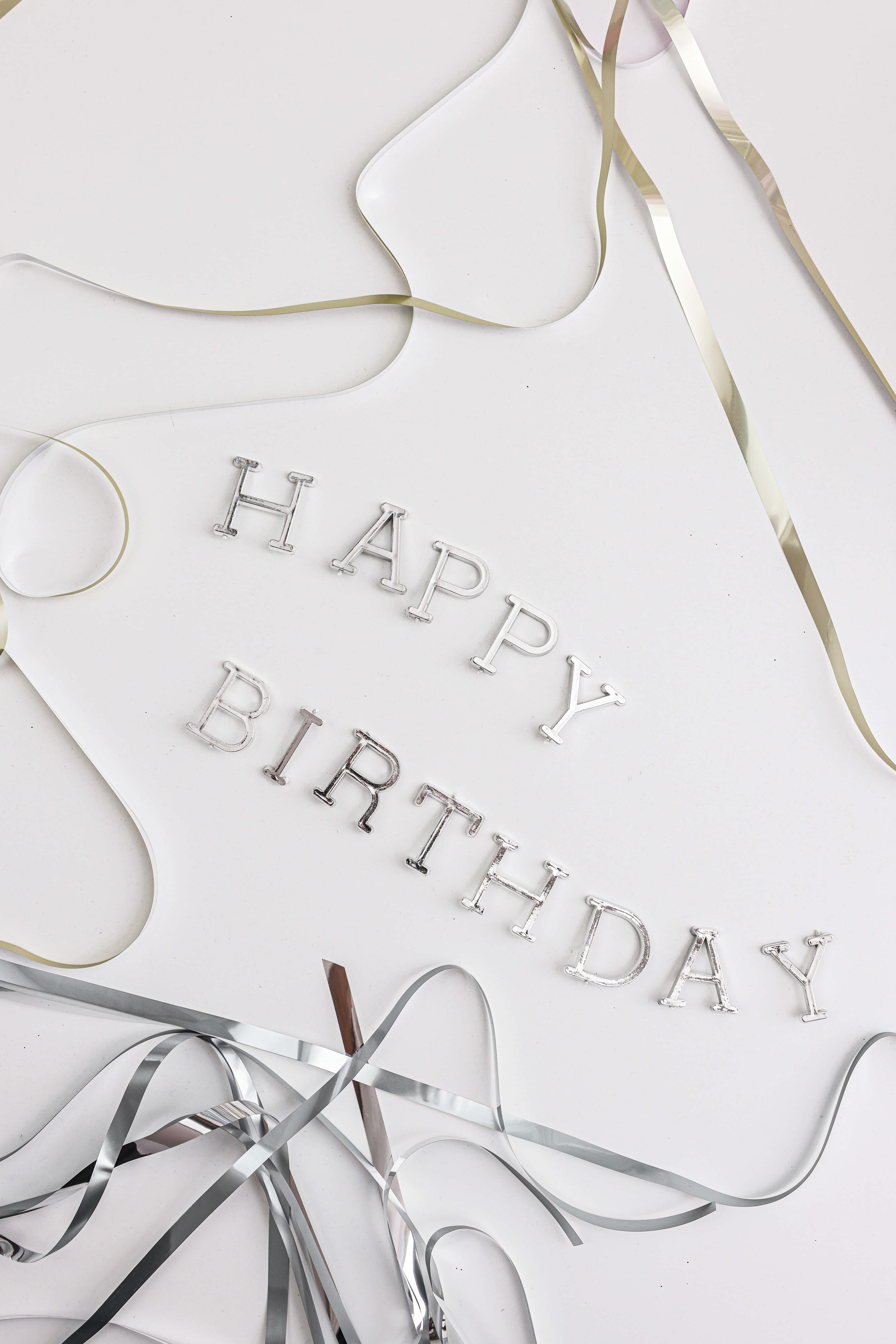 HAPPY BIRTHDAY, silver, metallic ribbons, 5K Phone Wallpaper