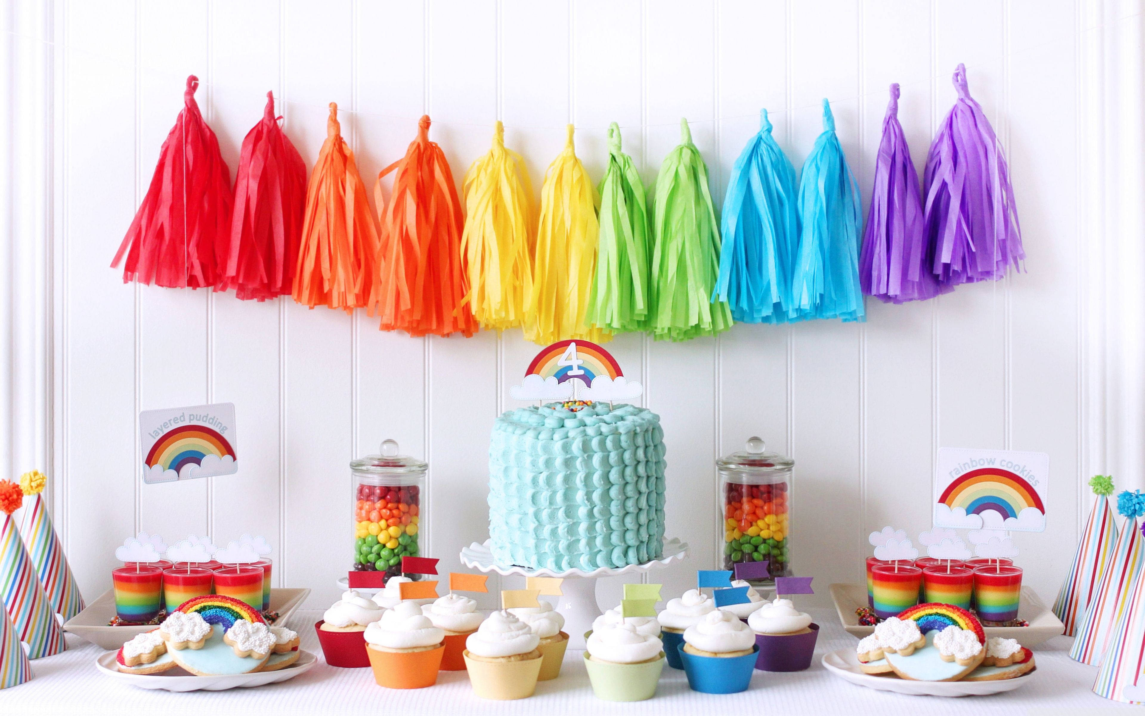 rainbow-themed birthday party, colorful tassels, cupcakes, 4K Desktop Wallpaper