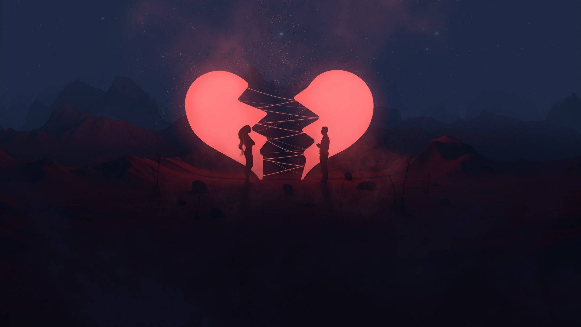 broken aesthetic heart, string, starry mountainous night landscape, Full HD Desktop Wallpaper