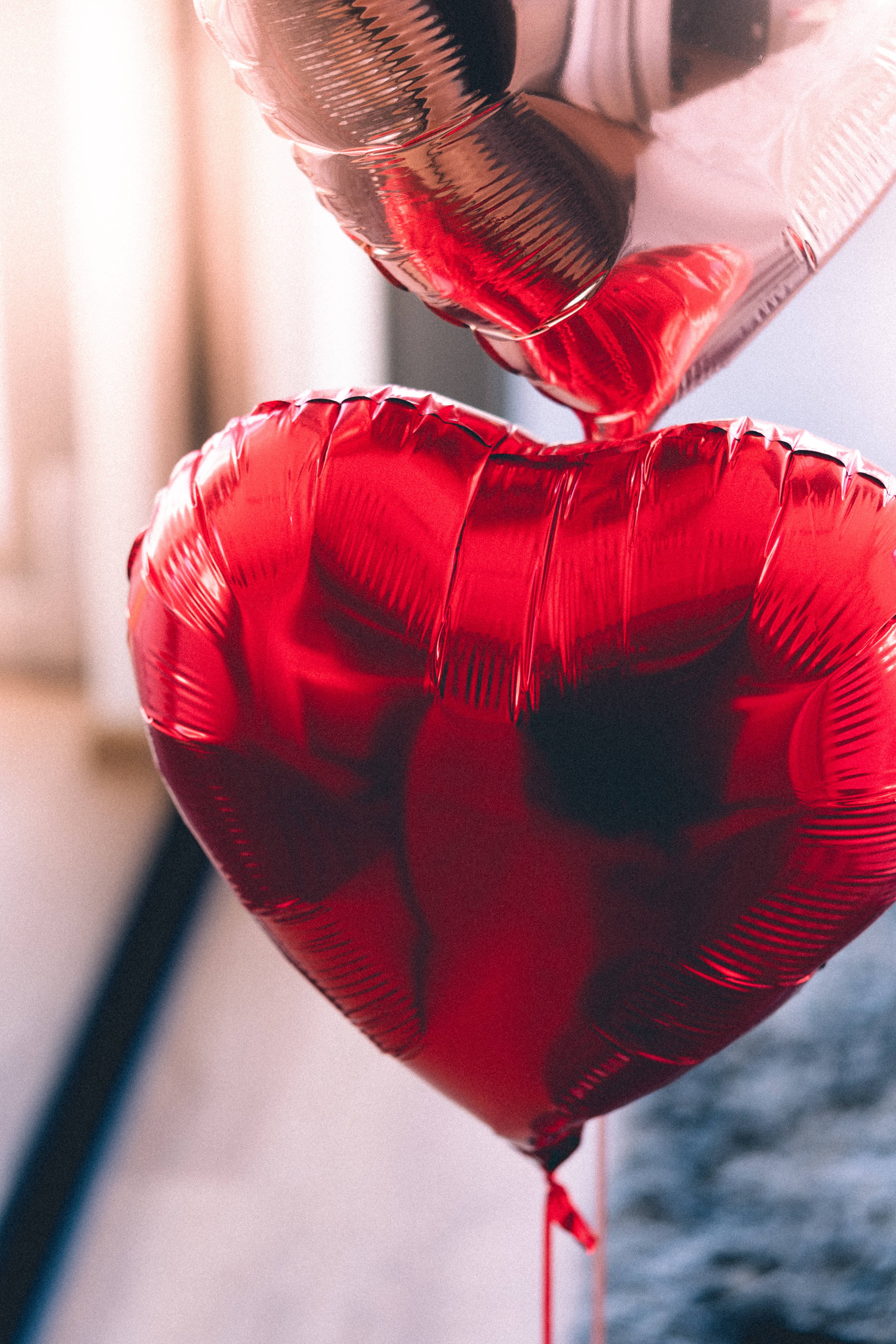 Aesthetic Heart Balloons, shiny red heart-shaped foil balloon, silver one, 5K Phone Wallpaper
