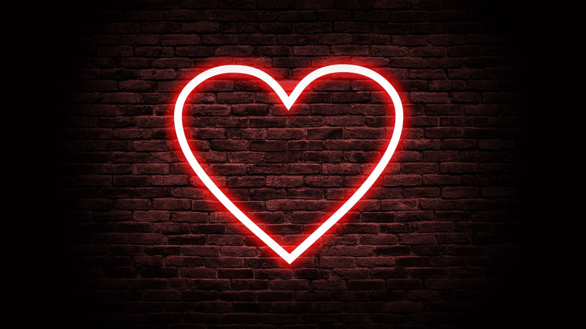 neon red heart sign, dark brick wall, warm light, Full HD Desktop Wallpaper