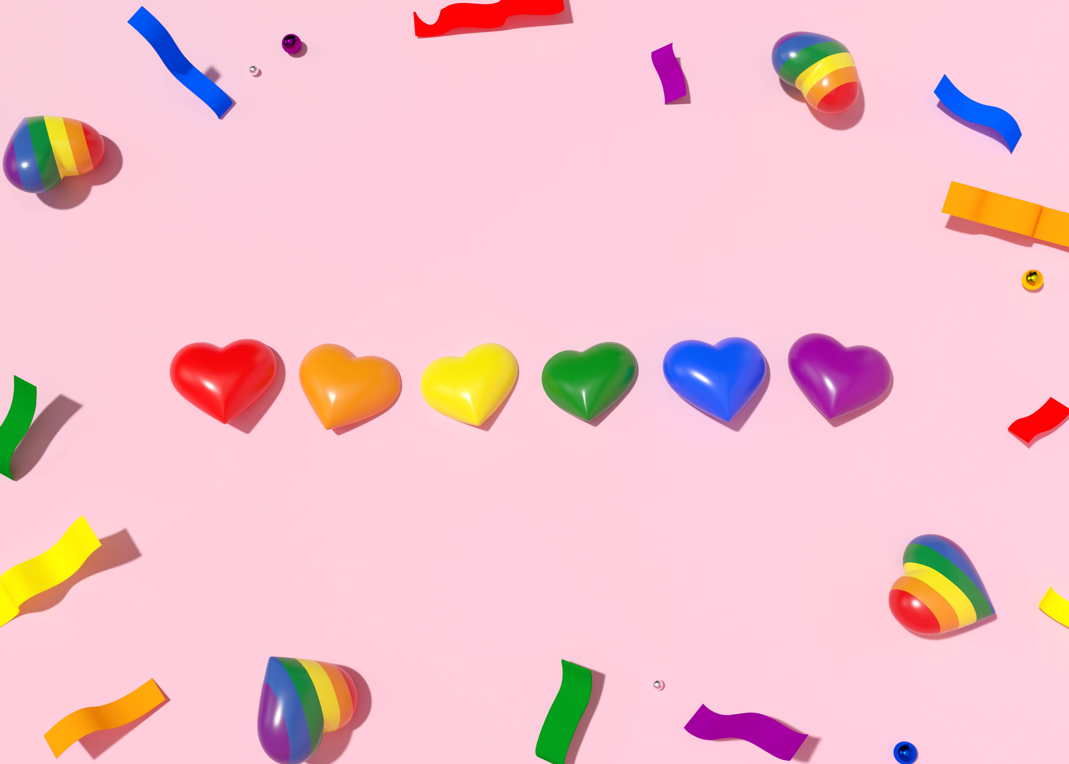rainbow colored aesthetic heart shapes, rainbow hearts, confetti, 2K Desktop Wallpaper