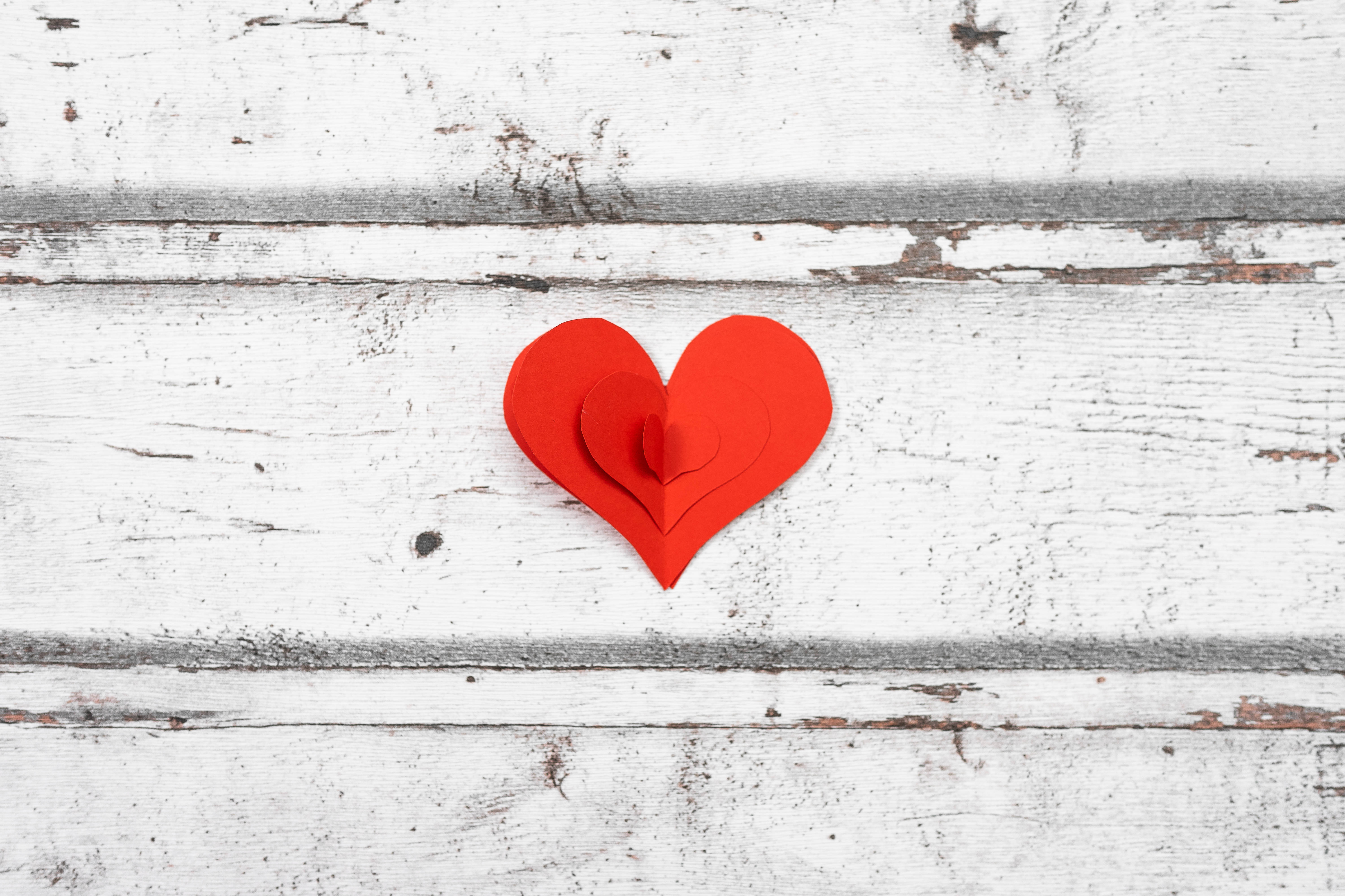 paper cutouts, red paper heart, weathered white wooden surface, 5K Desktop Wallpaper