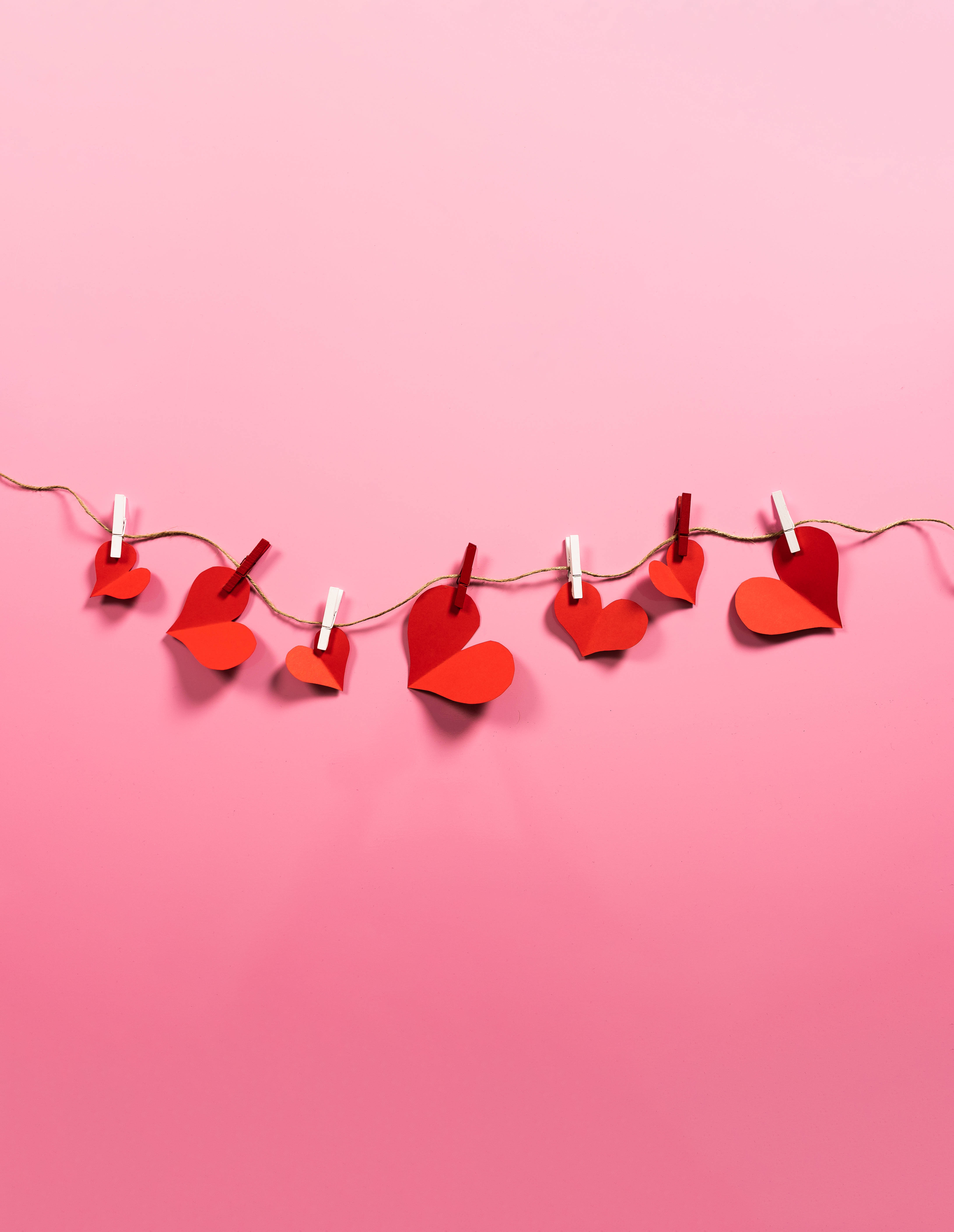 aesthetic heart, red paper hearts, twine, 5K Phone Wallpaper