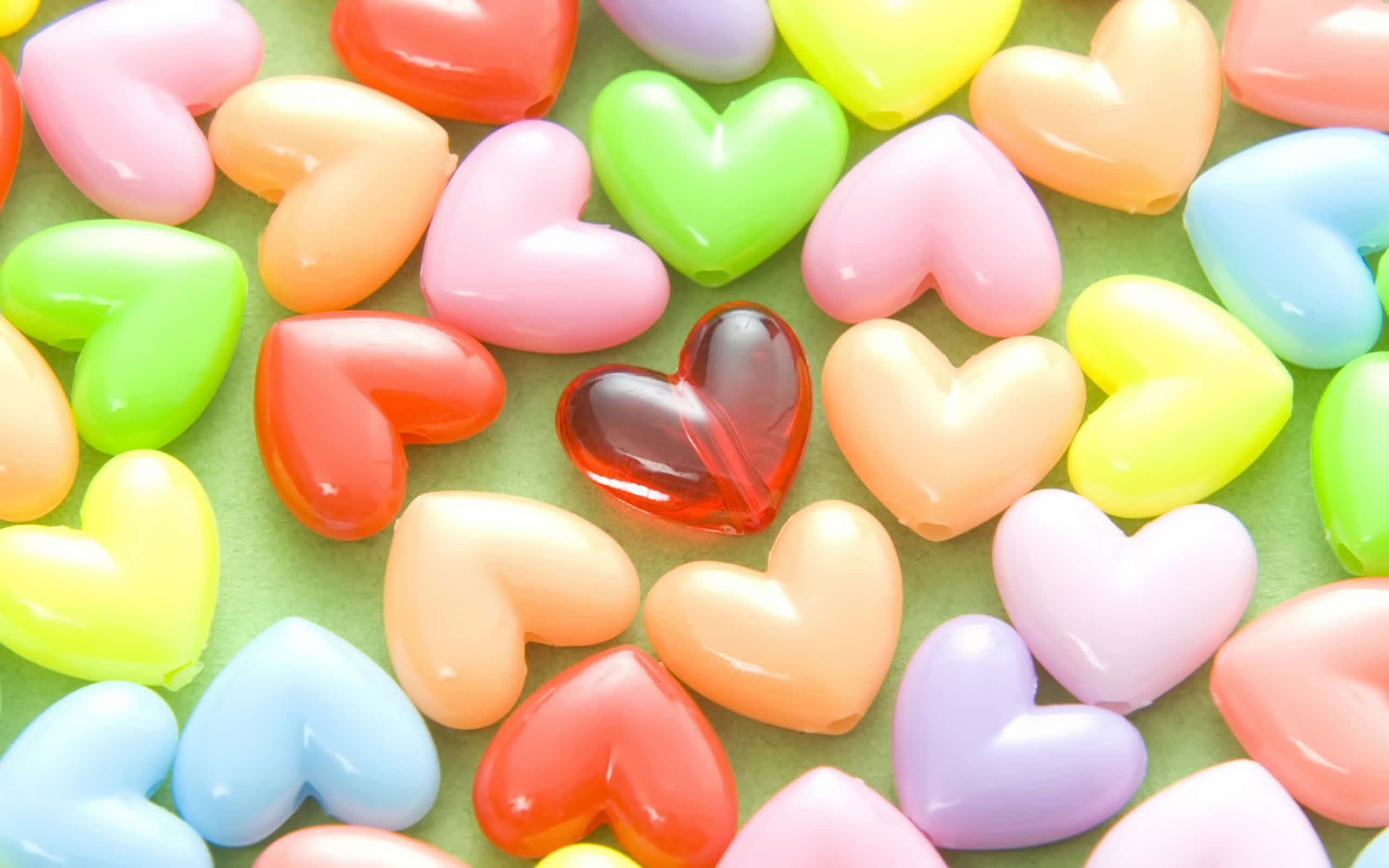 3D heart, glossy heart-shaped candies, pastel rainbow hues, 2K Desktop Wallpaper