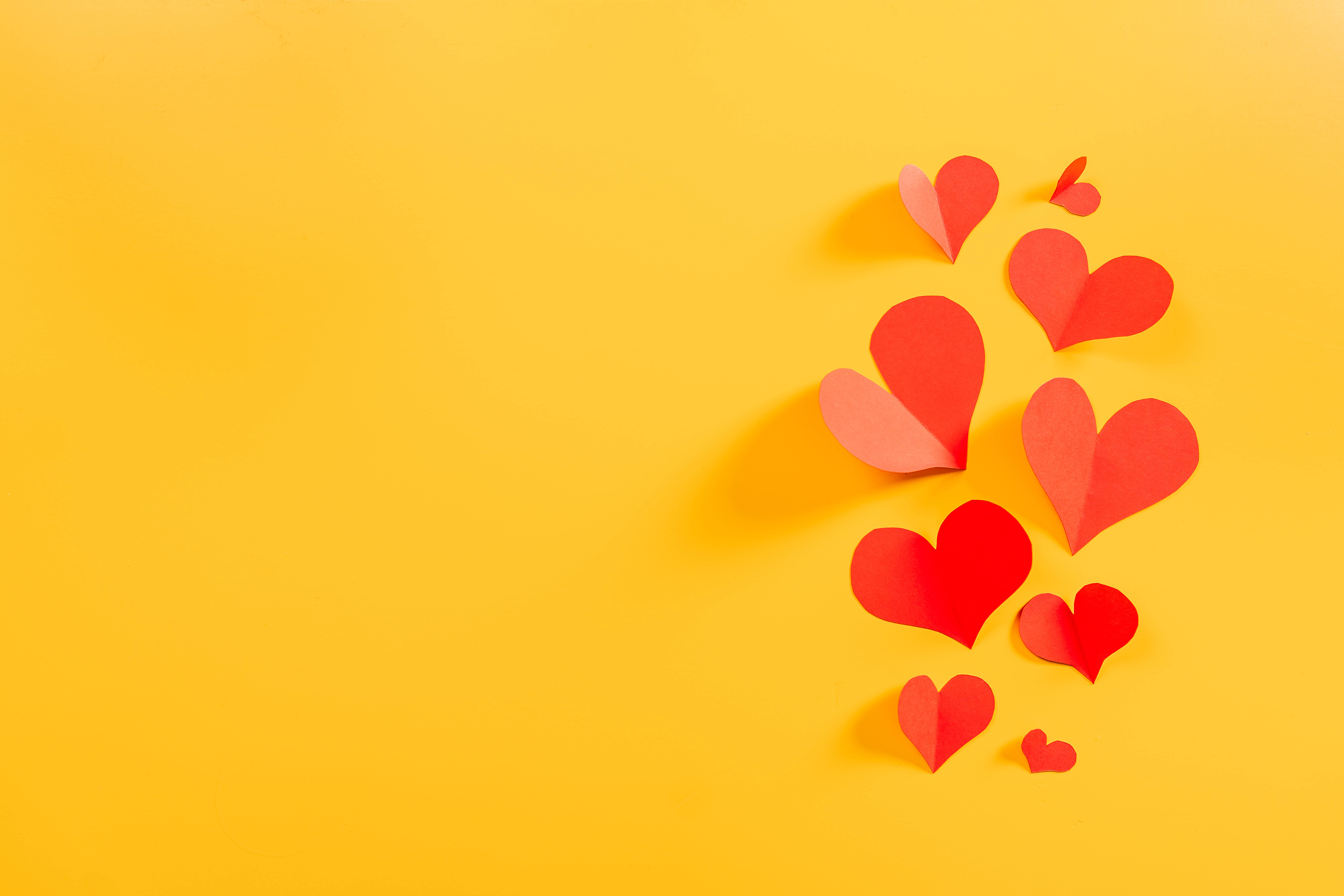 Aesthetic Heart, red paper hearts, vibrant yellow background, 5K Desktop Wallpaper