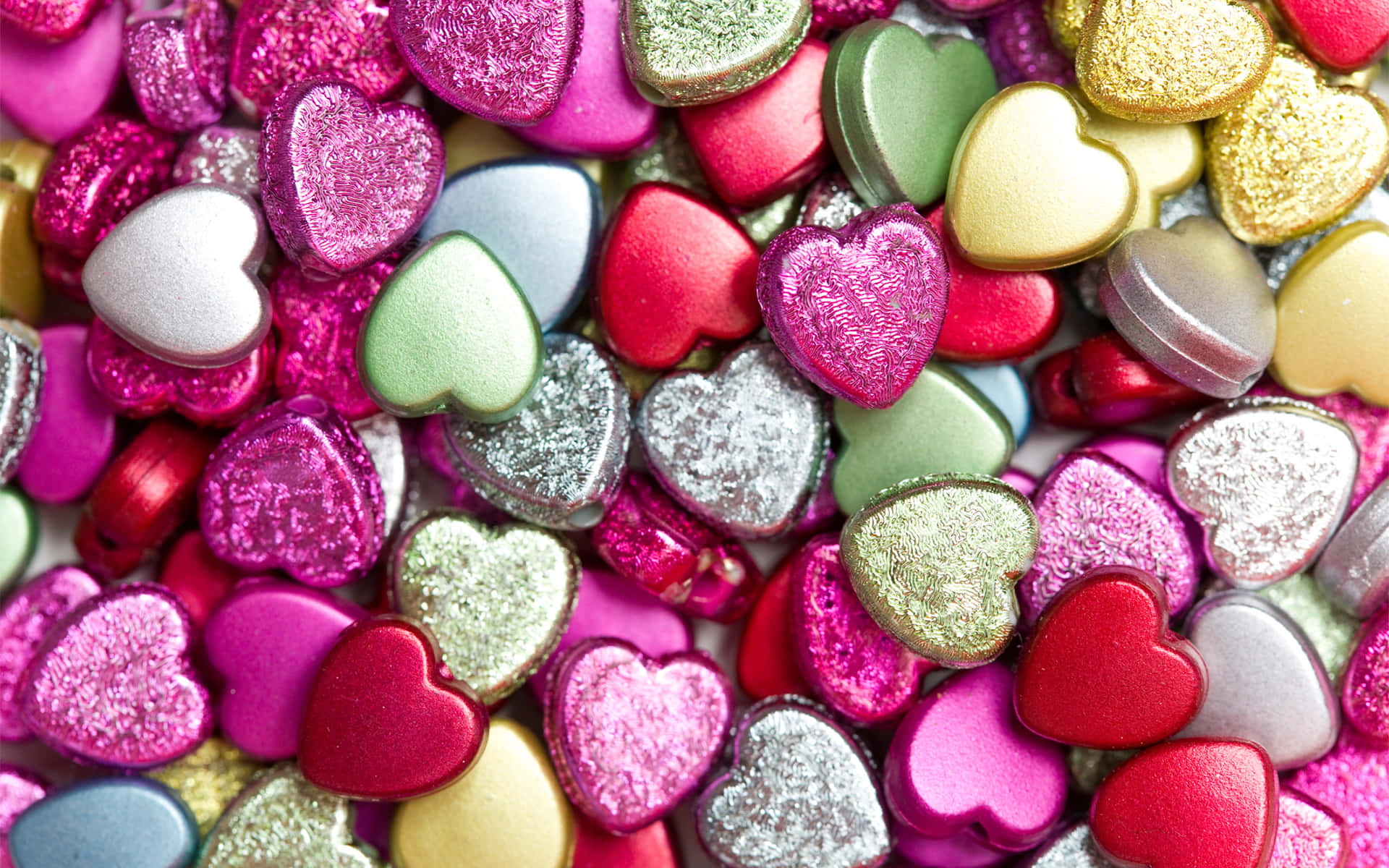 3D heart, glittery heart-shaped candies, pink red gold, Full HD Desktop Wallpaper