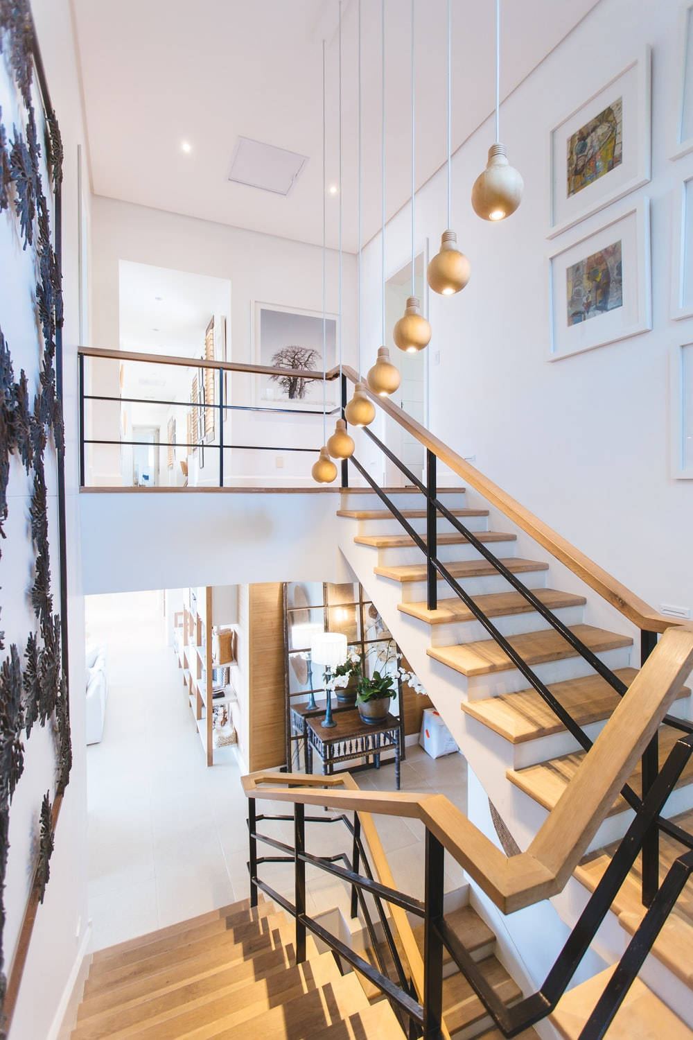 mid century modern, wooden staircase, black metal railings, HD Phone Wallpaper
