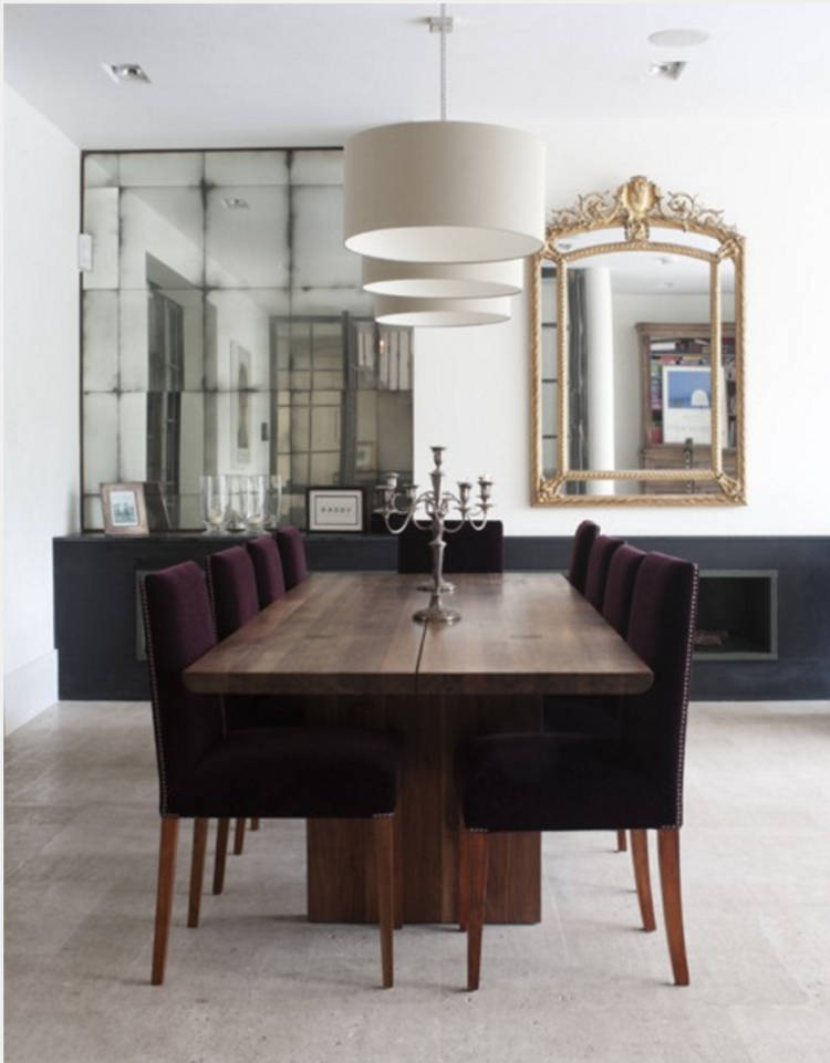 antique mirror, dining room, long wooden table, SD Phone Wallpaper