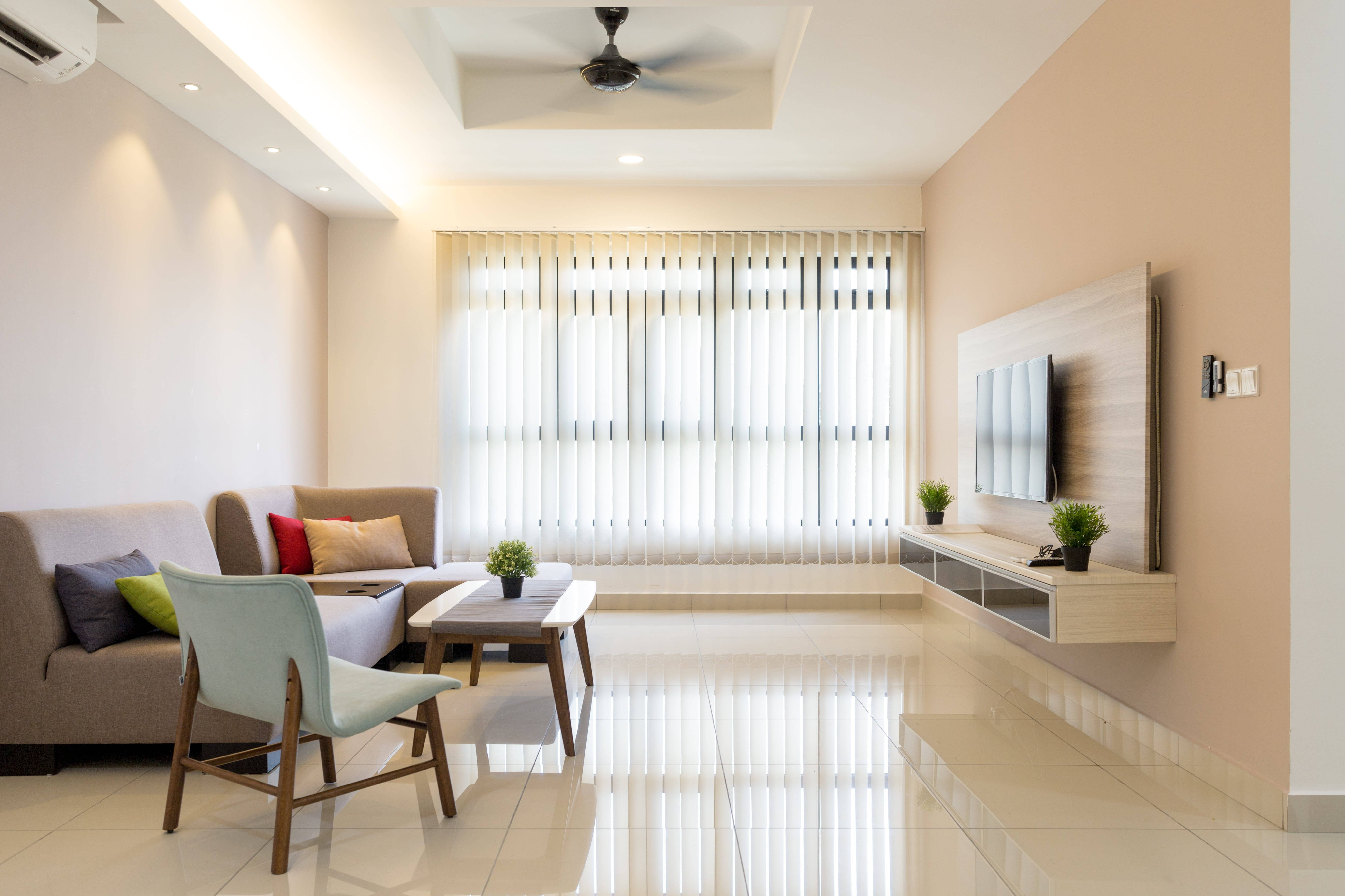 Modern minimalist living room, beige sofa, colorful pillows, 5K Desktop Wallpaper