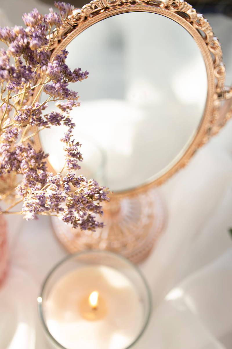 gold-framed mirror, dried lavender, glowing candle, SD Phone Wallpaper