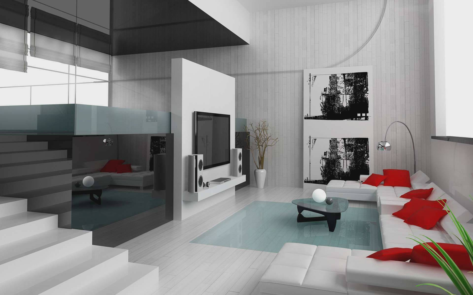 contemporary living room interior design, white furniture, red cushions, Full HD Desktop Wallpaper