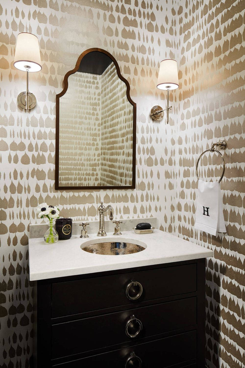 taupe black, powder room, arced mirror, HD Phone Wallpaper
