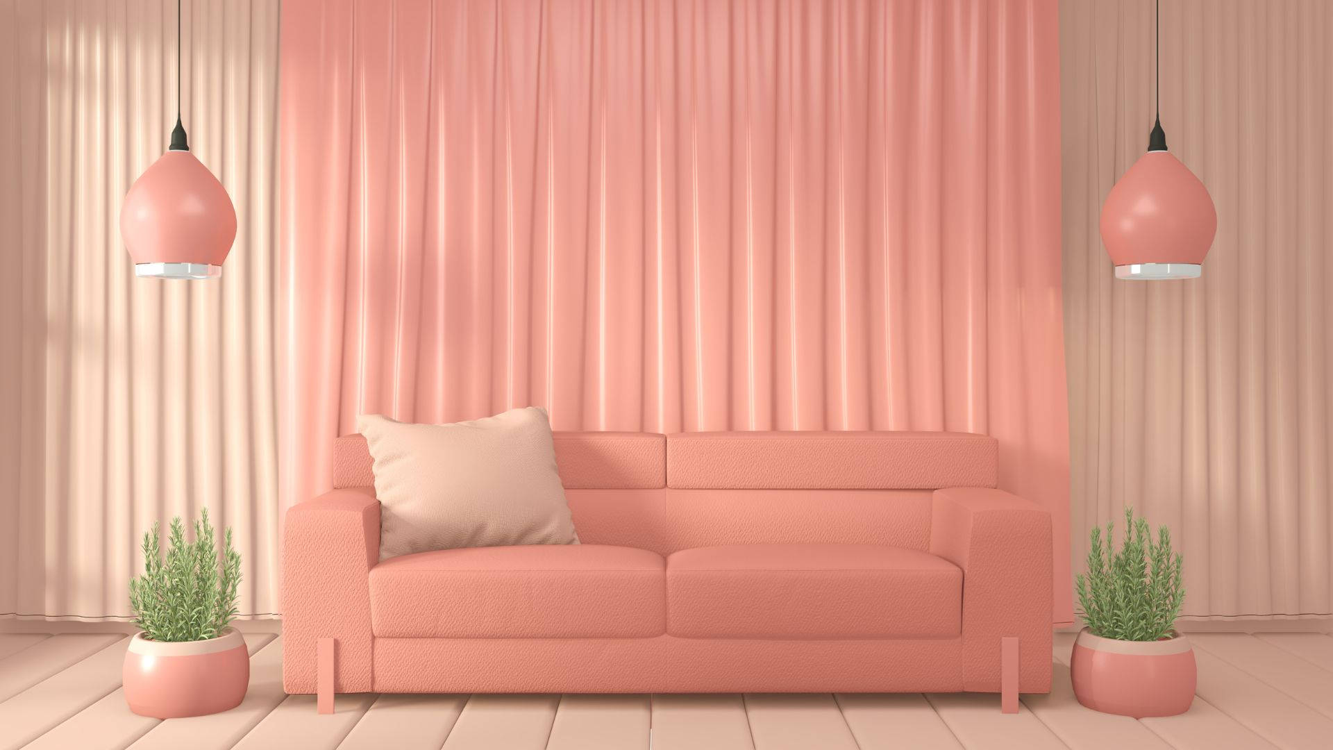 baby pink aesthetic living room, coral sofa, potted plants, Full HD Desktop Wallpaper