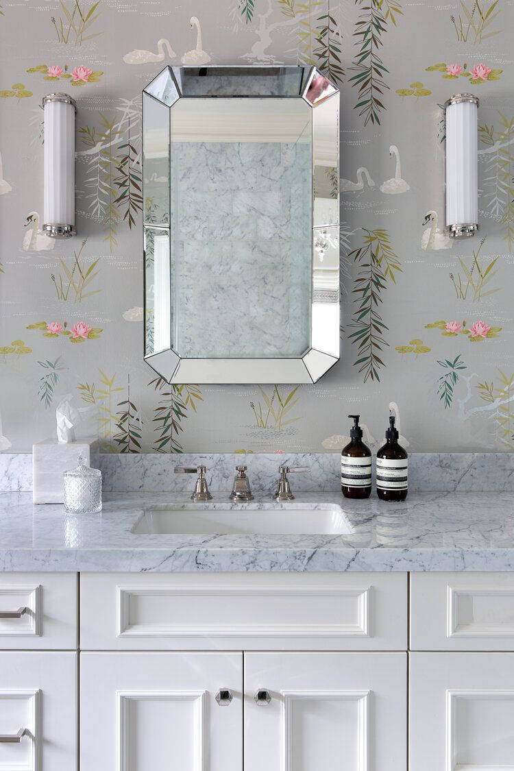 beveled mirror, swan floral wallpaper, white cabinetry, SD Phone Wallpaper