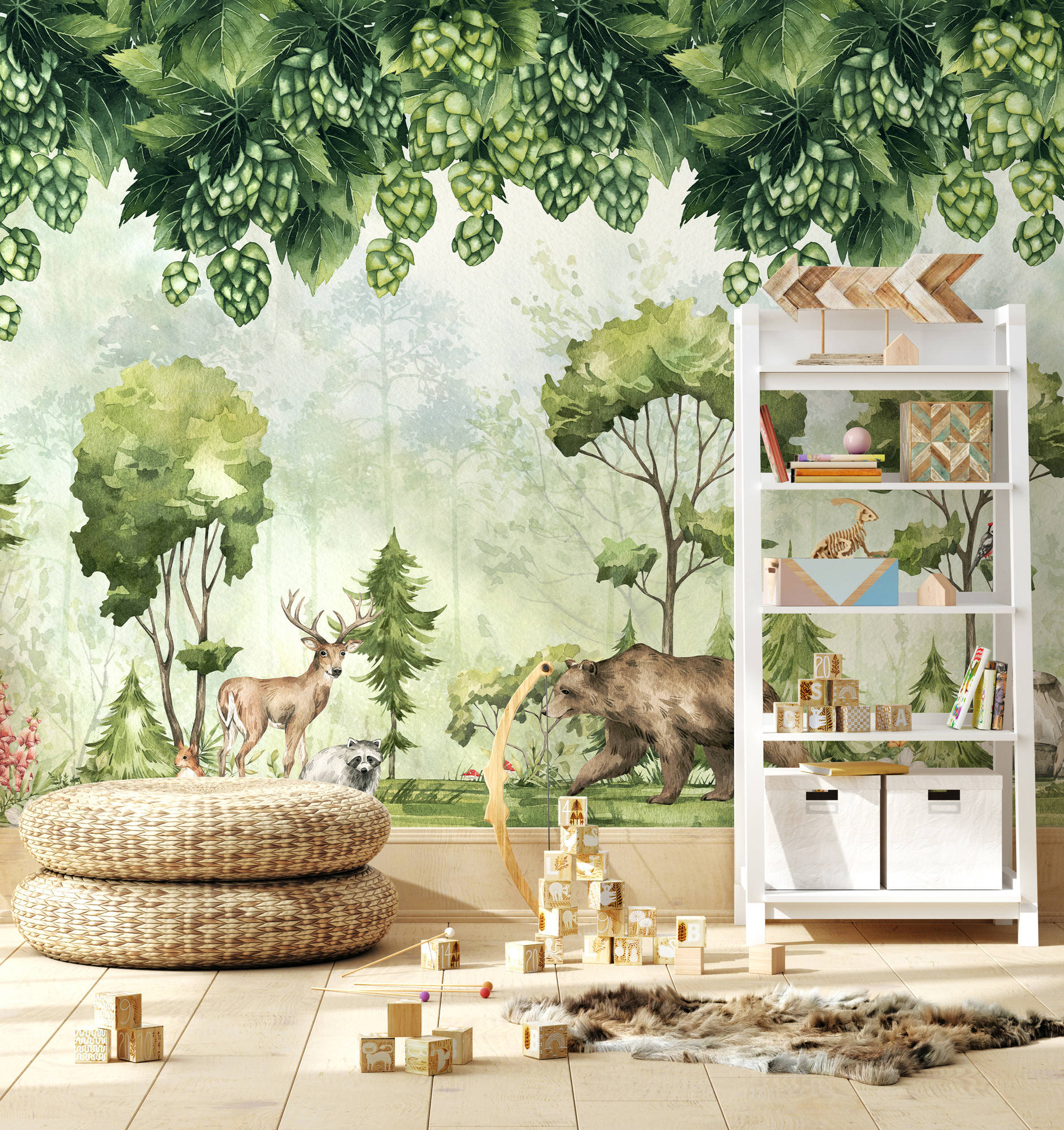 enchanted woodland wall, deer, bear, Full HD Phone Wallpaper