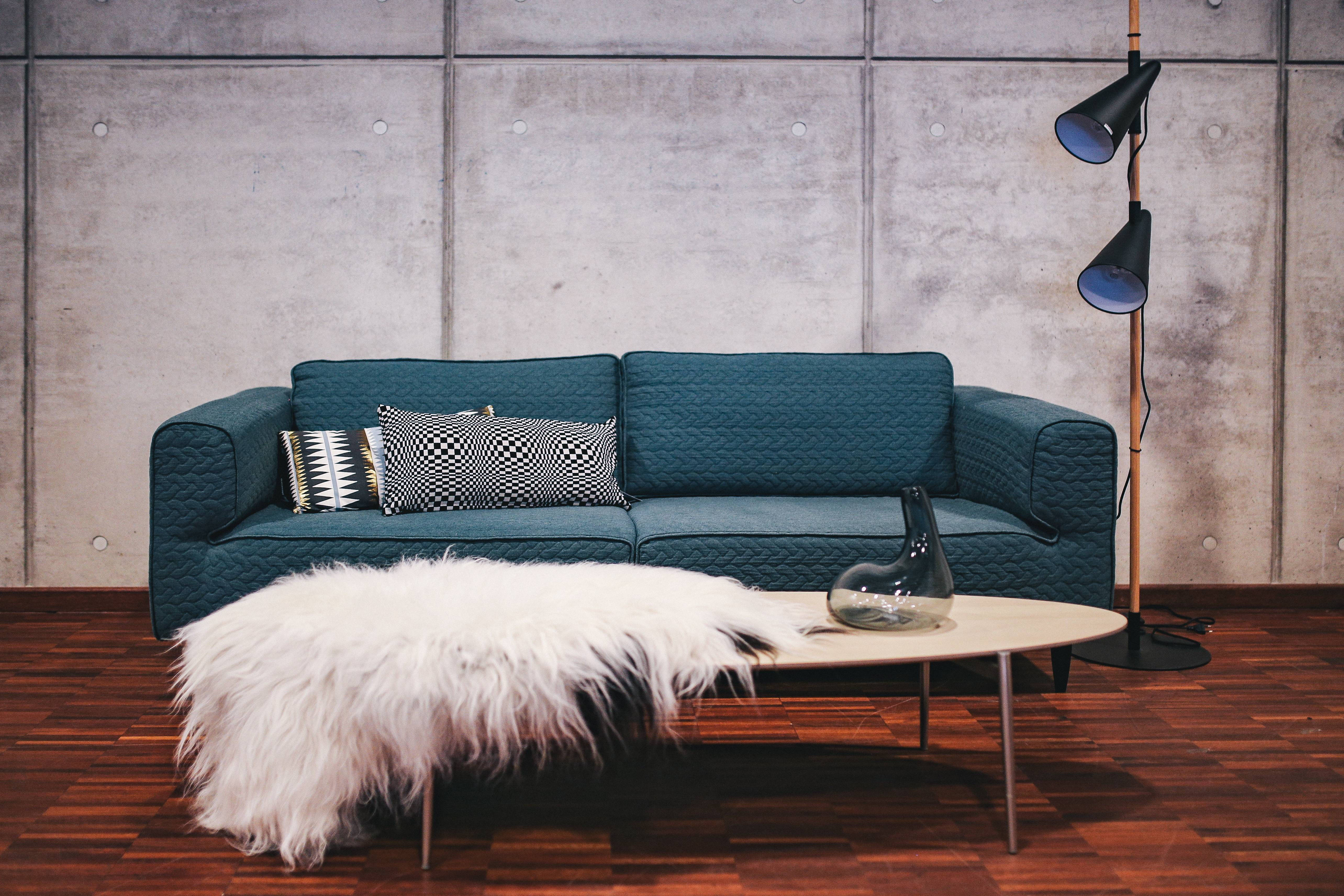 aesthetic home, teal quilted sofa, geometric pillows, 5K Desktop Wallpaper