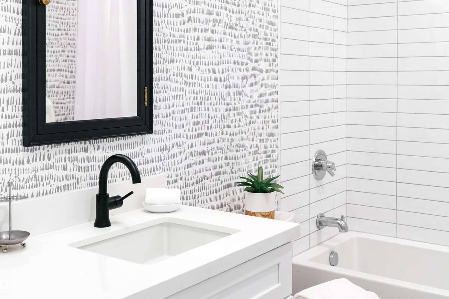 white vanity, black faucet, textured gray wallpaper, HD Desktop Wallpaper