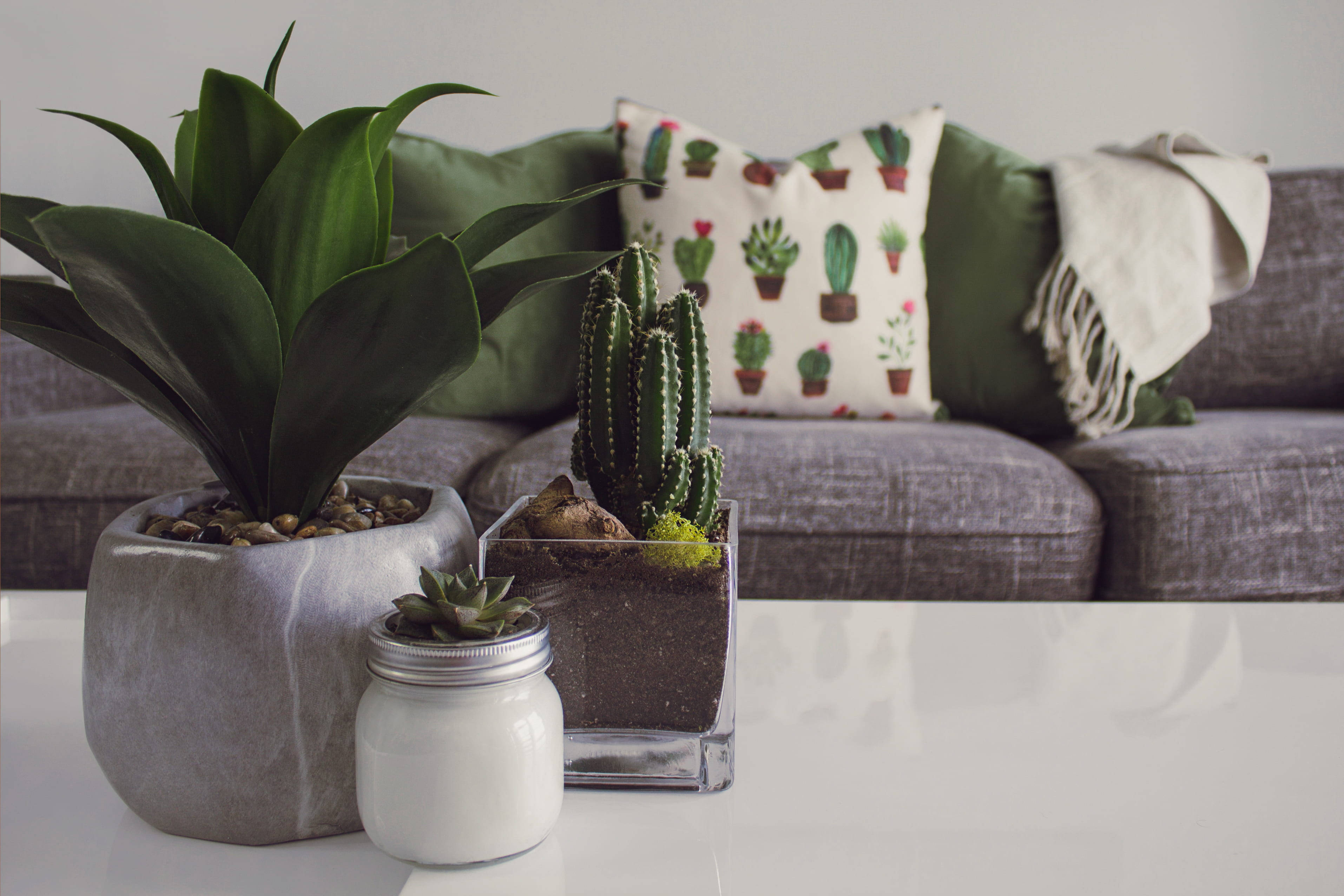 gray aesthetic home, white table, gray couch, 2K Desktop Wallpaper