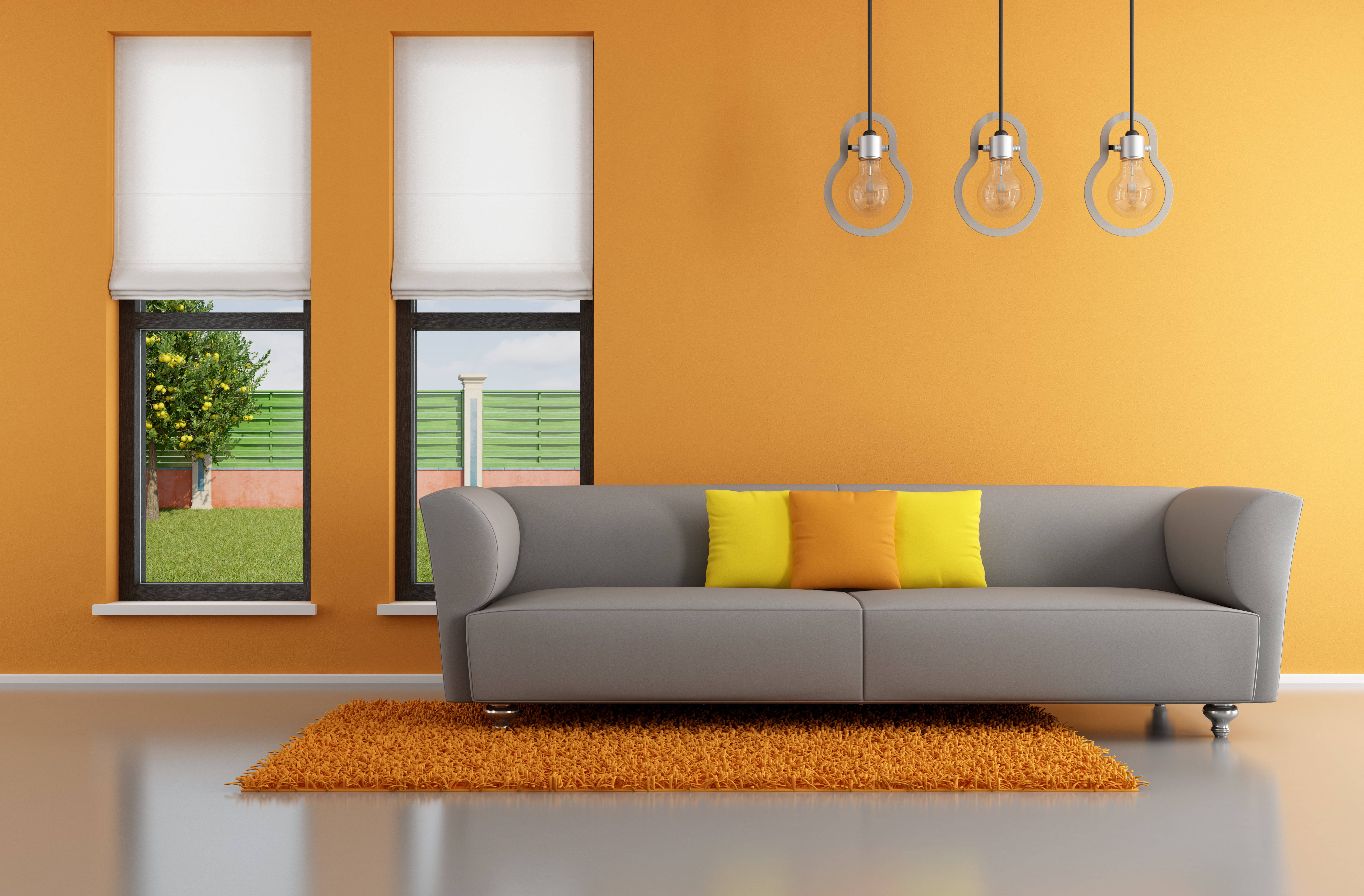 orange rug, vibrant orange wall, modern gray sofa, 5K Desktop Wallpaper