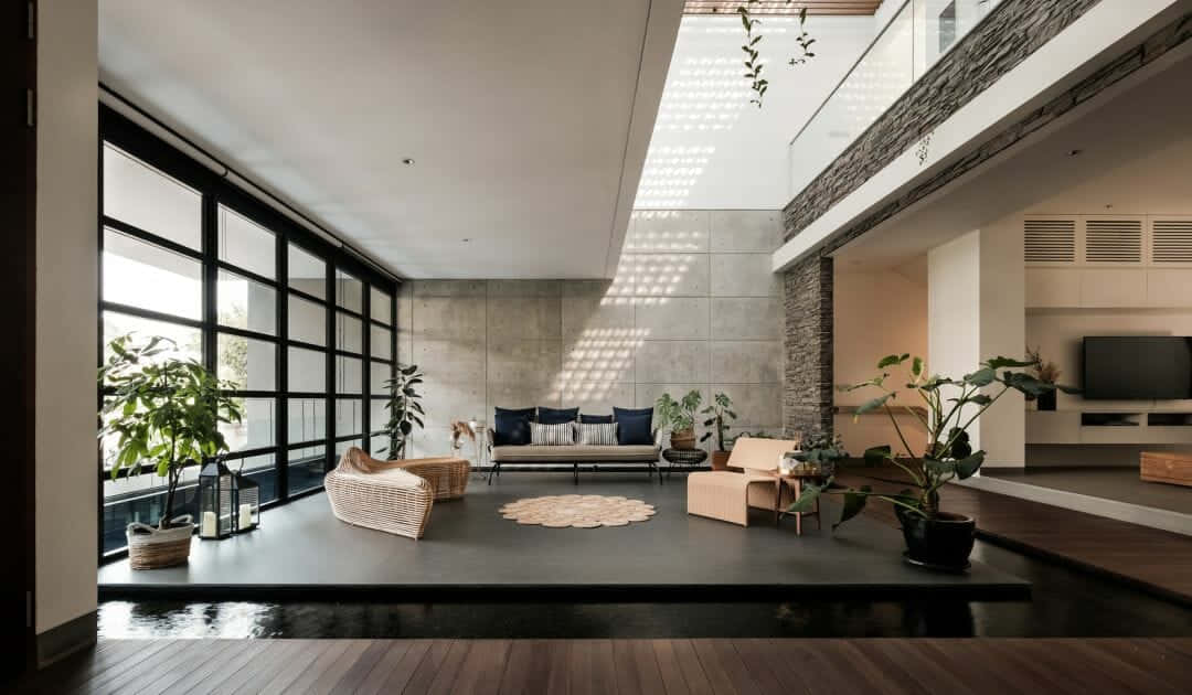 modern minimalist living room, concrete floors, large windows, SD Desktop Wallpaper