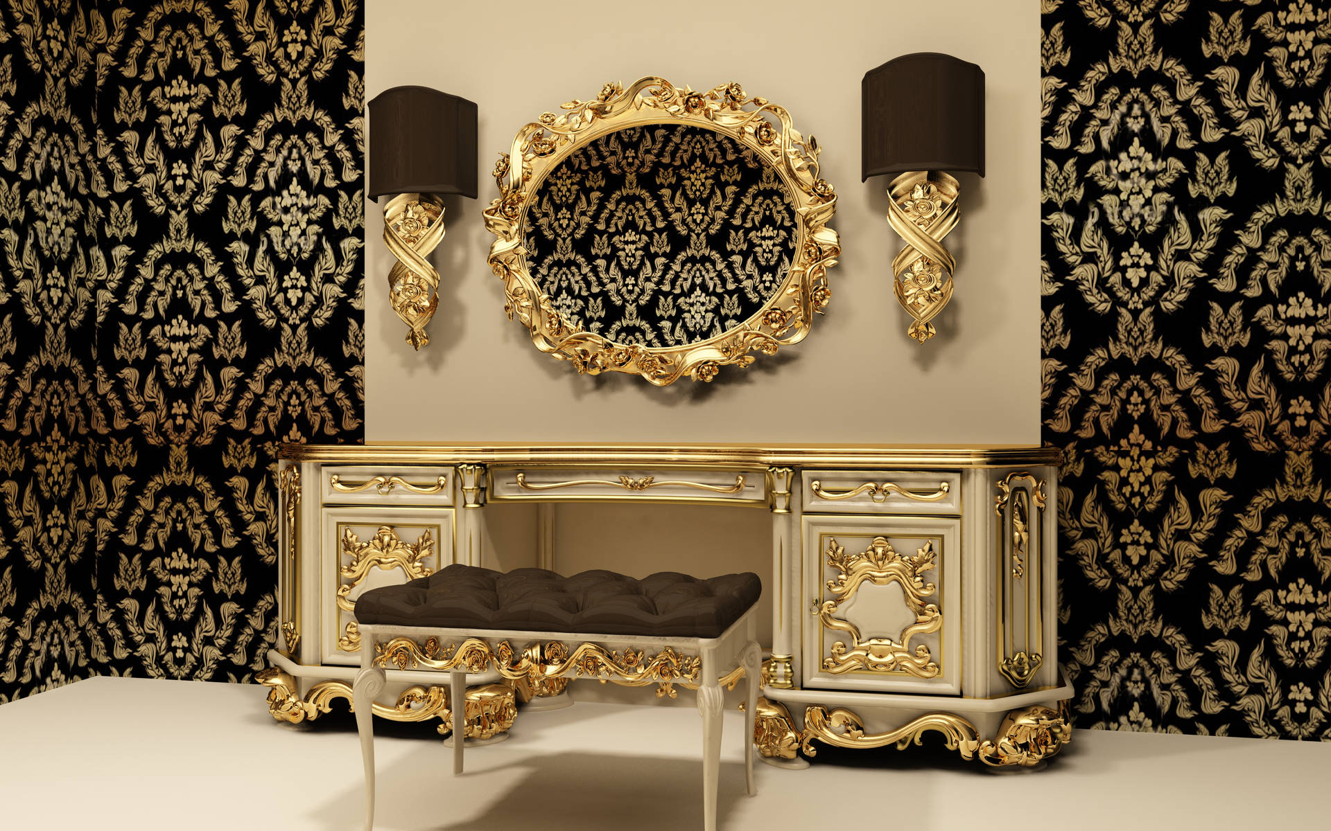 baroque-style vanity, gold accents, black damask wallpaper, Full HD Desktop Wallpaper