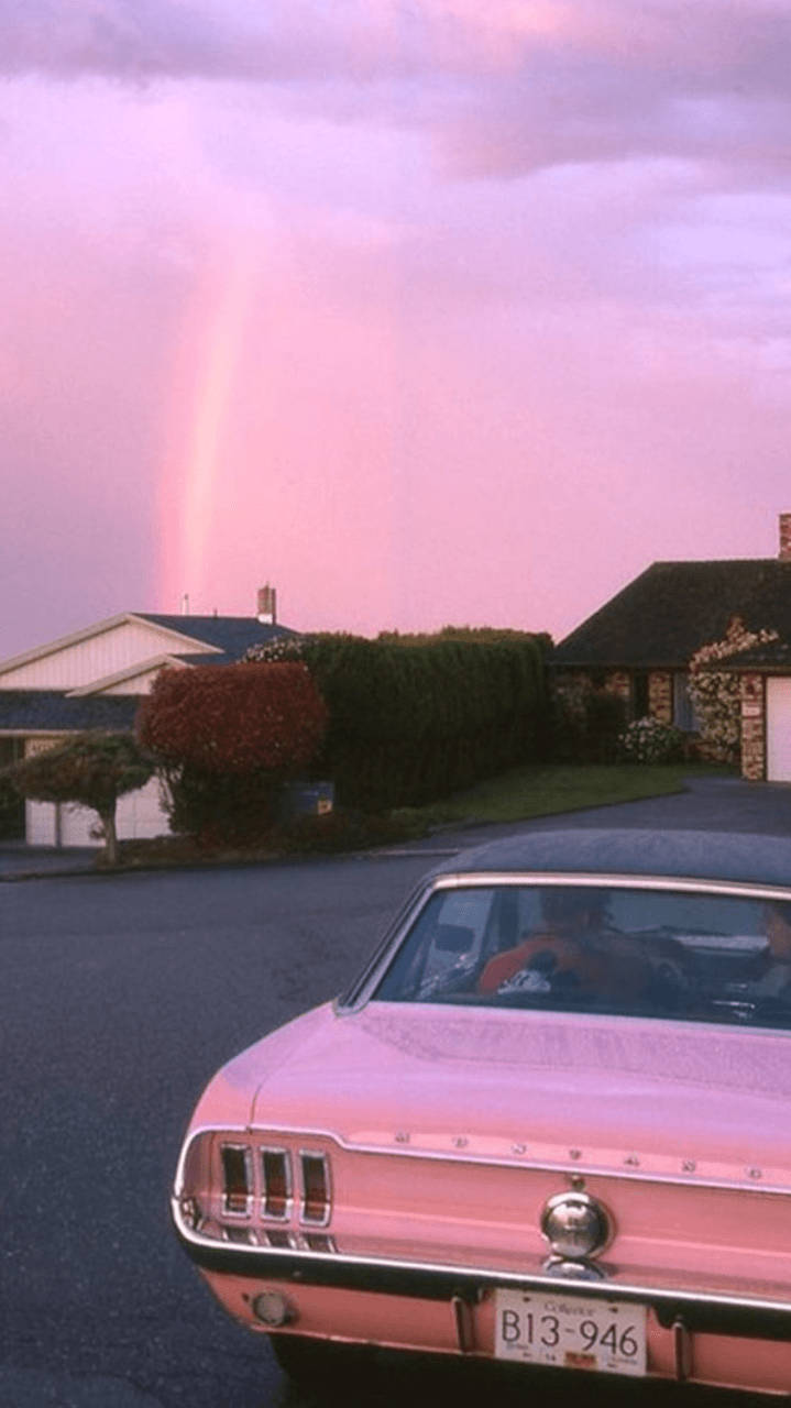 vintage pink muscle car, suburban street, pink sky, HD Phone Wallpaper