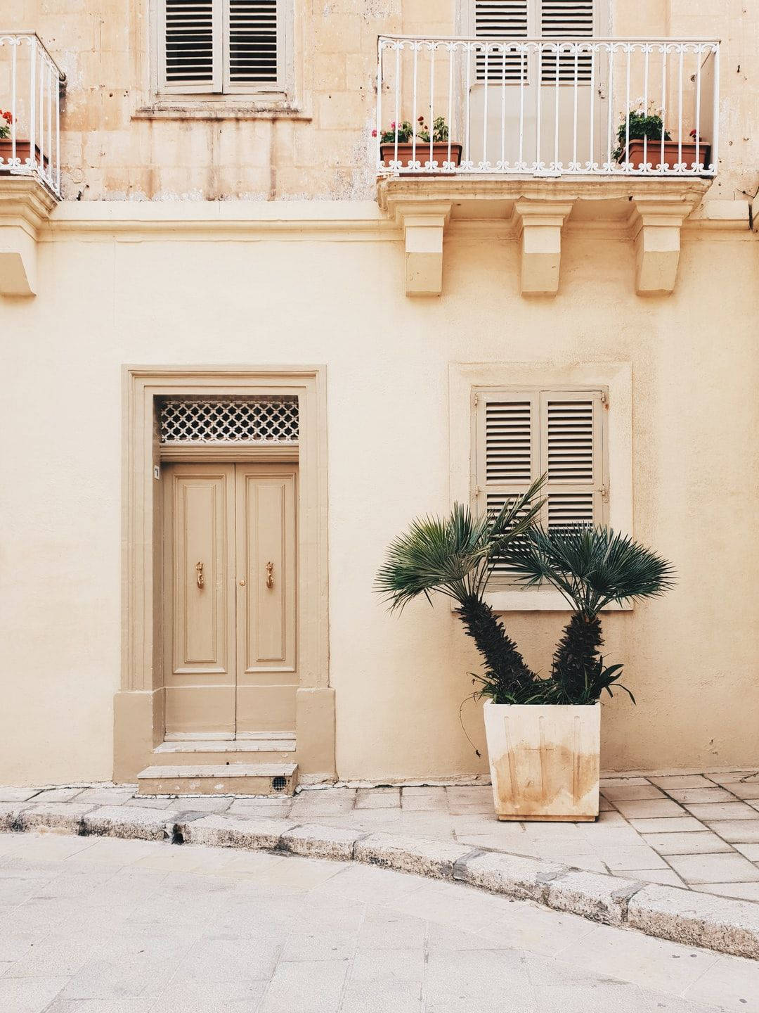 gold painted aesthetic home, beige building facade, wooden door, HD Phone Wallpaper