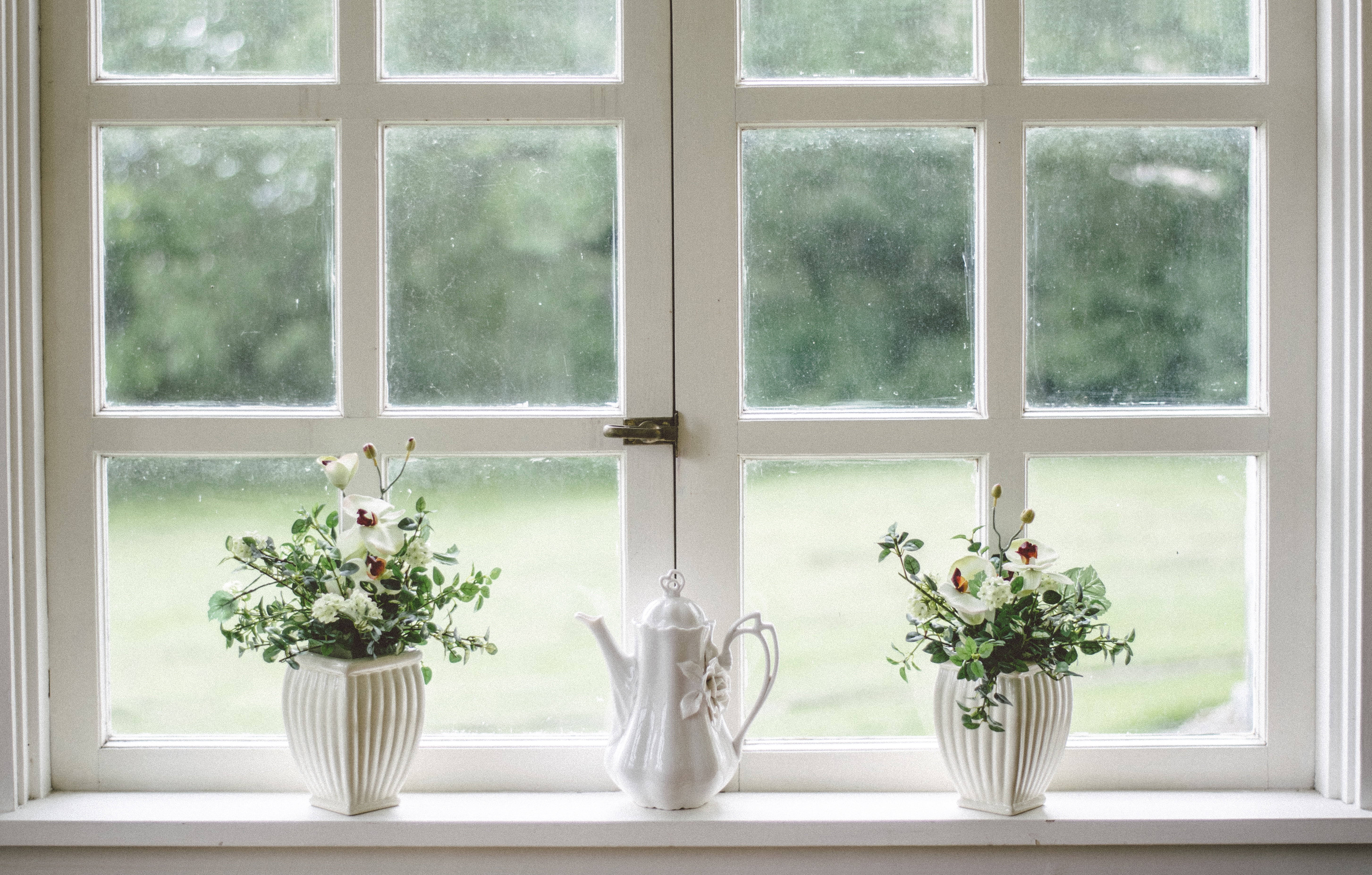 white painted windows, white ceramic vase, flowers, 5K Desktop Wallpaper