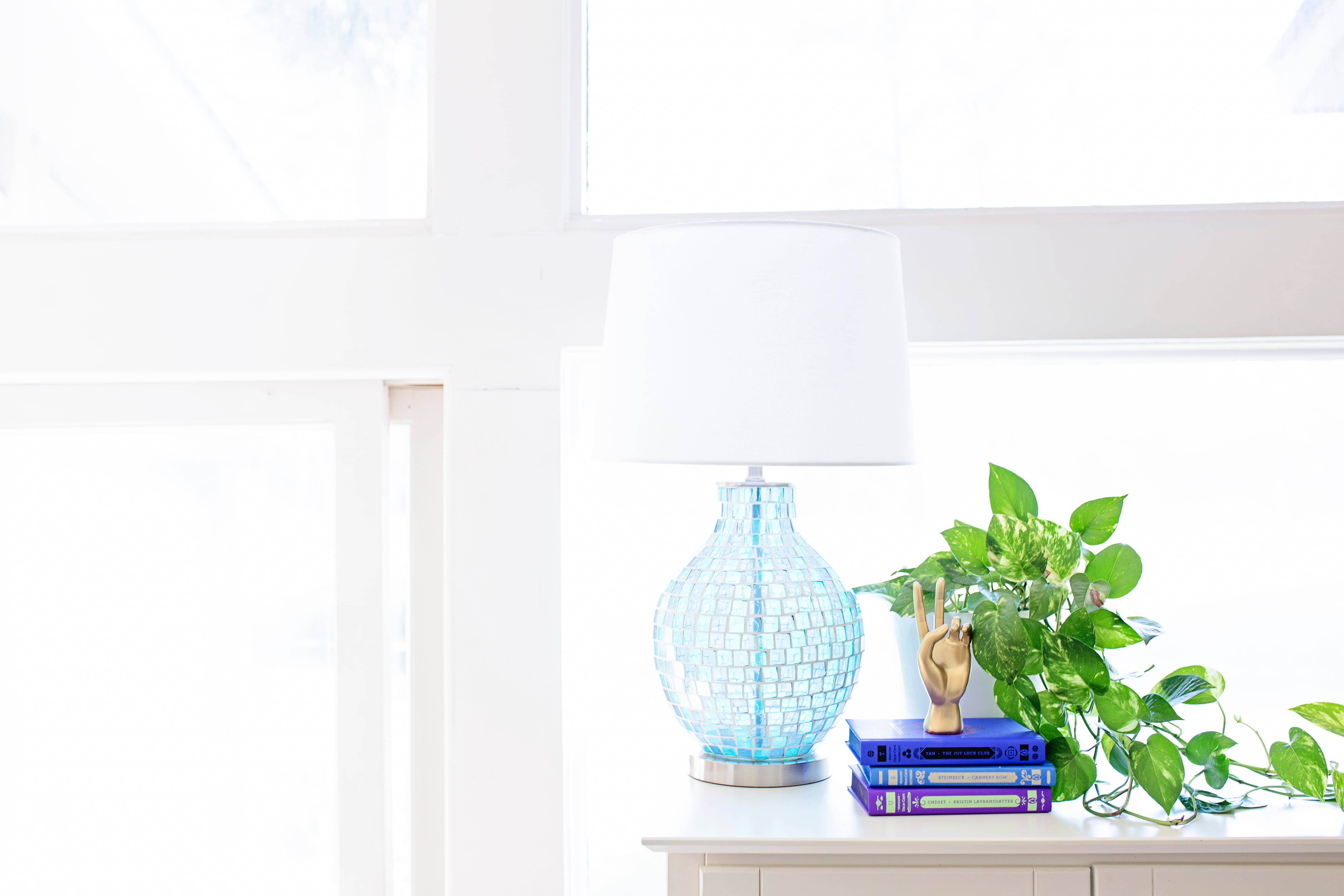 Aesthetic Home, white windowsill, bright blue mosaic lamp, 5K Desktop Wallpaper