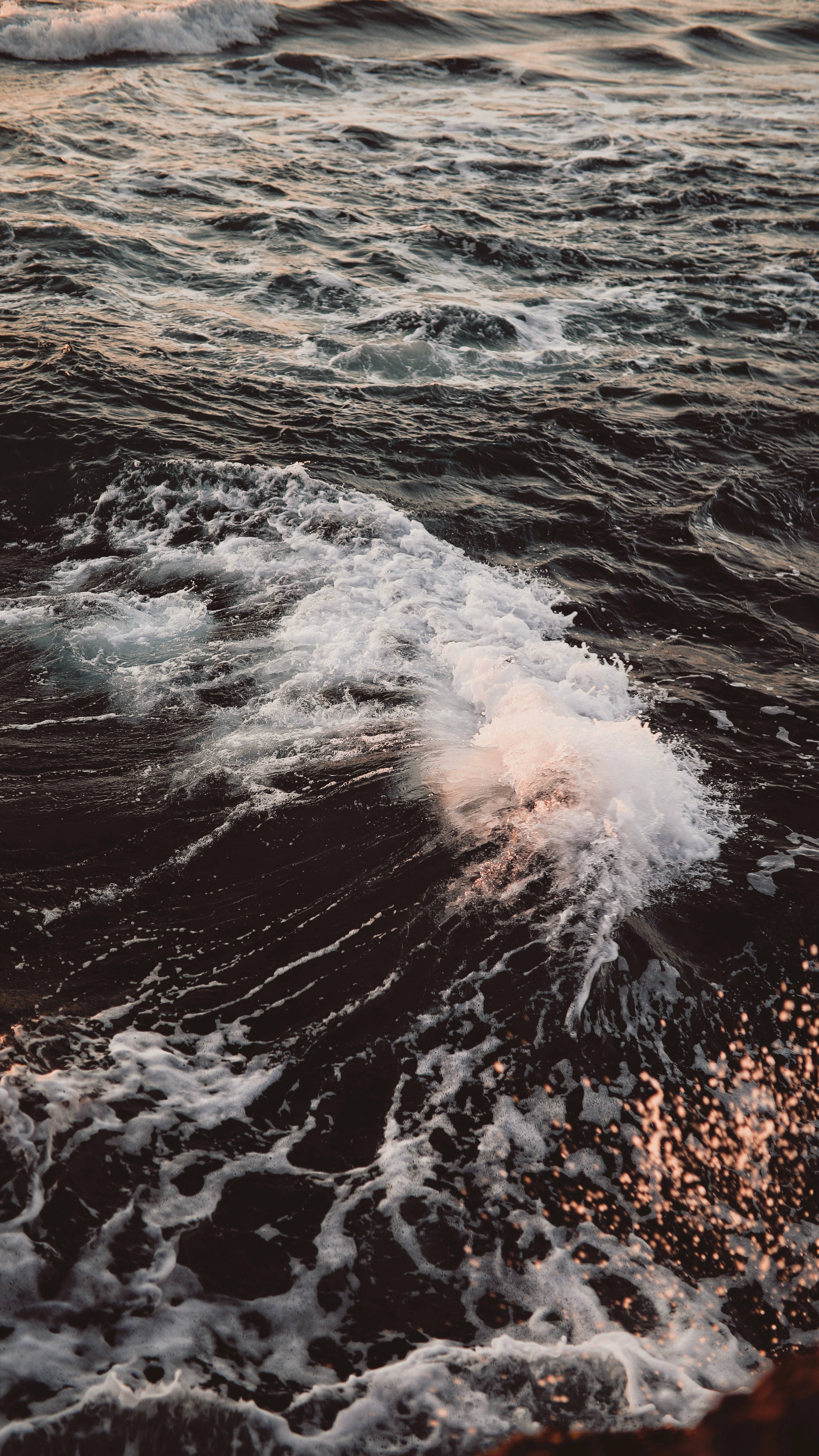 Sunset, waves, white foam, 5K Phone Wallpaper