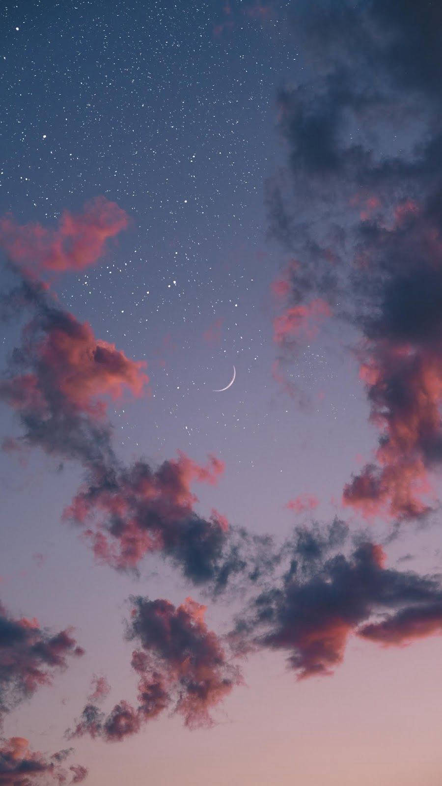 crescent moon, pink and purple clouds, starry twilight sky, HD Phone Wallpaper