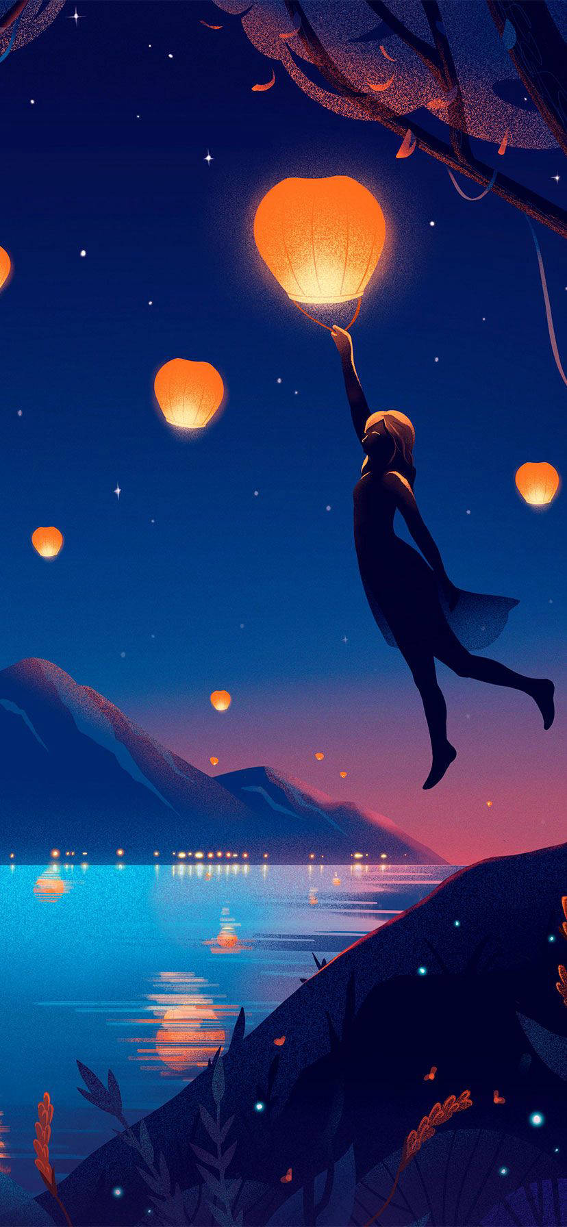 Aesthetic Girl Holding Lantern, silhouette, glowing orange lanterns, HD Phone Wallpaper