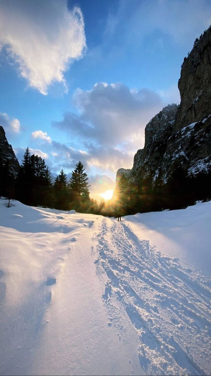 snowy road, snow-covered mountains, sunrise, HD Phone Wallpaper