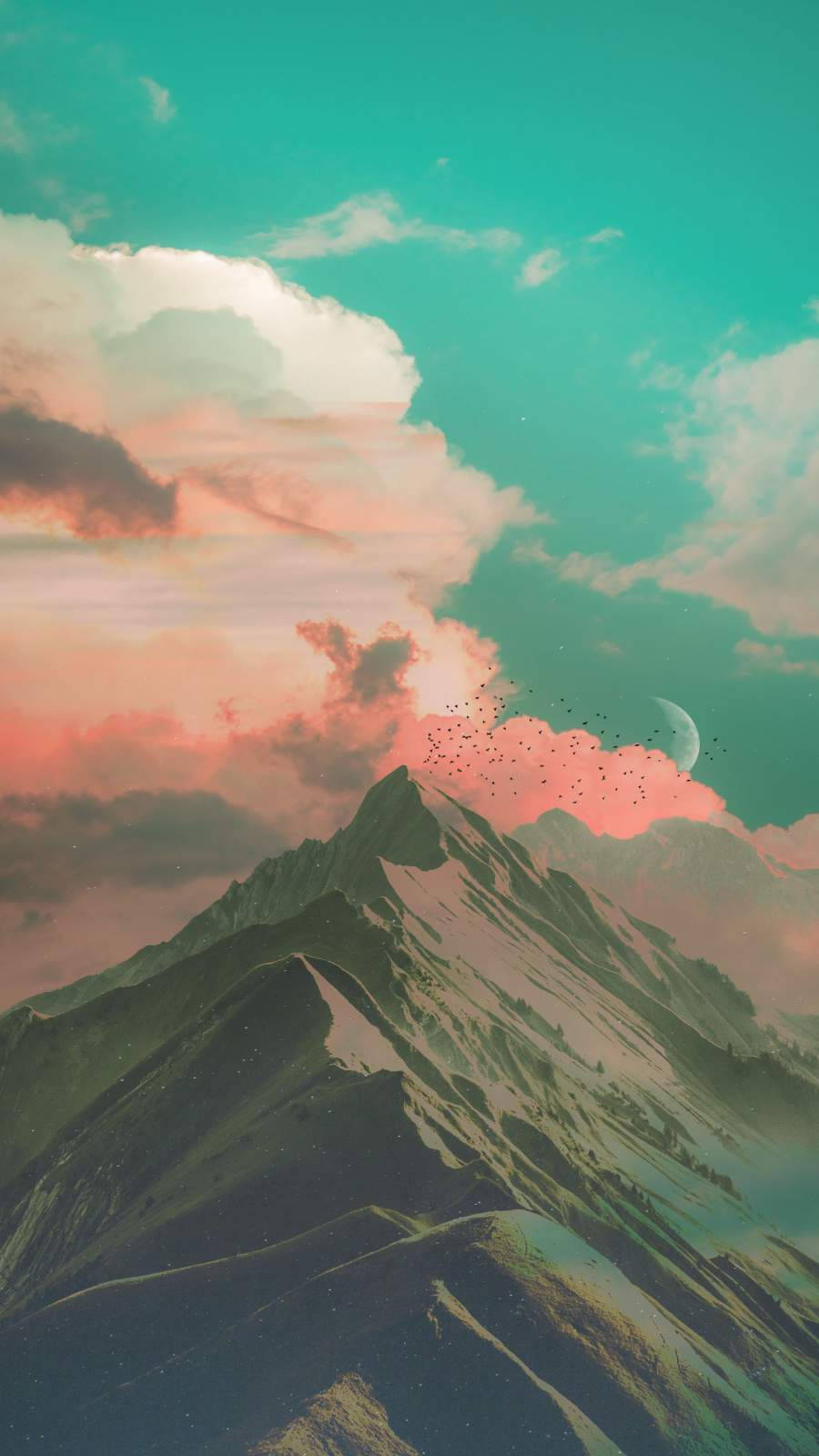 iPhone X, snow-capped mountain peak, teal and pink clouds, HD Phone Wallpaper