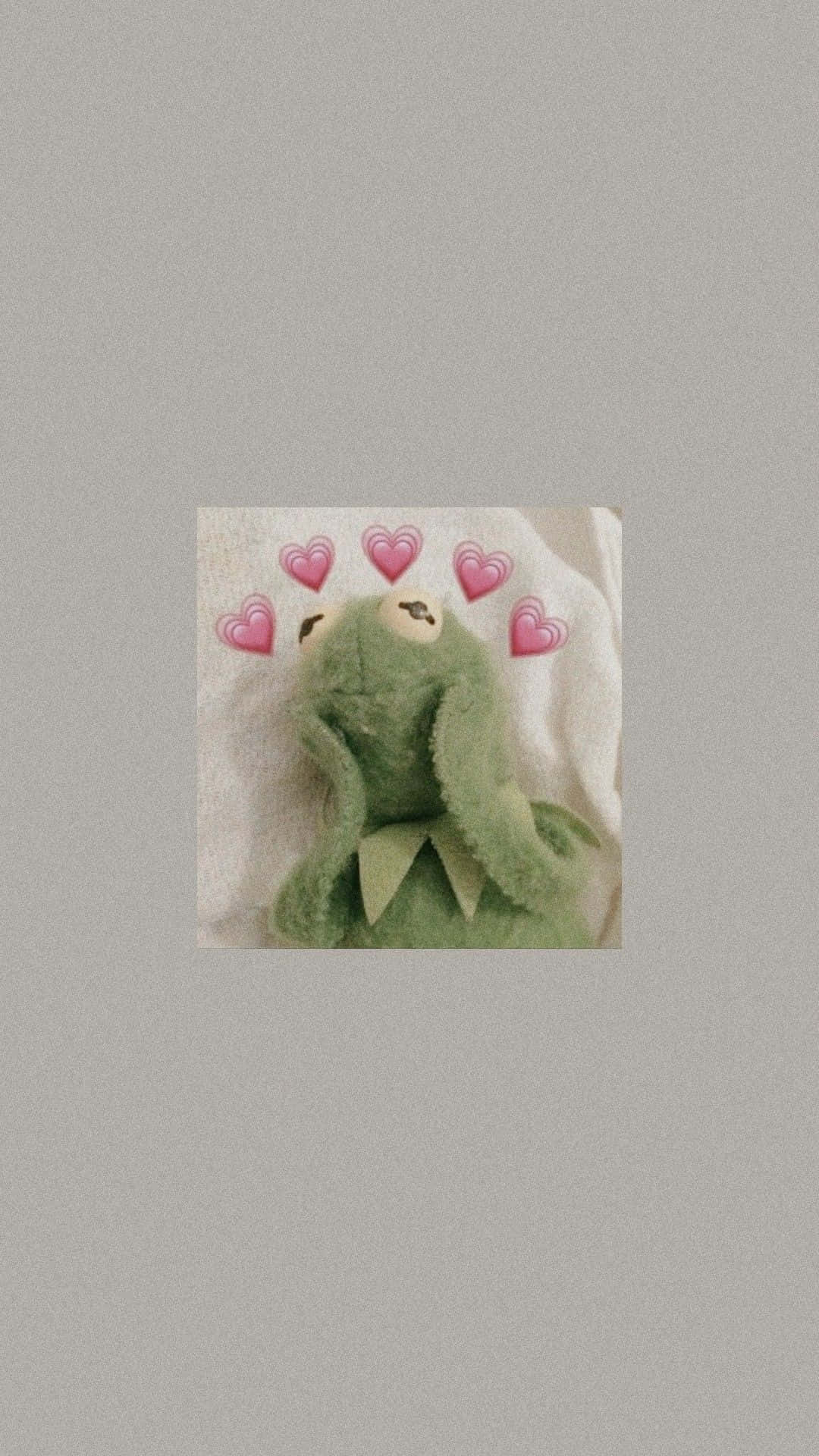 Aesthetic Kermit, green plush frog toy, pink heart emojis, Full HD Phone Wallpaper