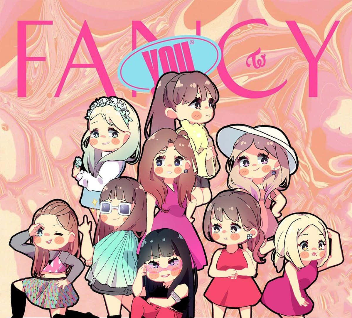 Kpop Kawaii, nine cheerful girls, swirling pink and peach background, SD Desktop Wallpaper