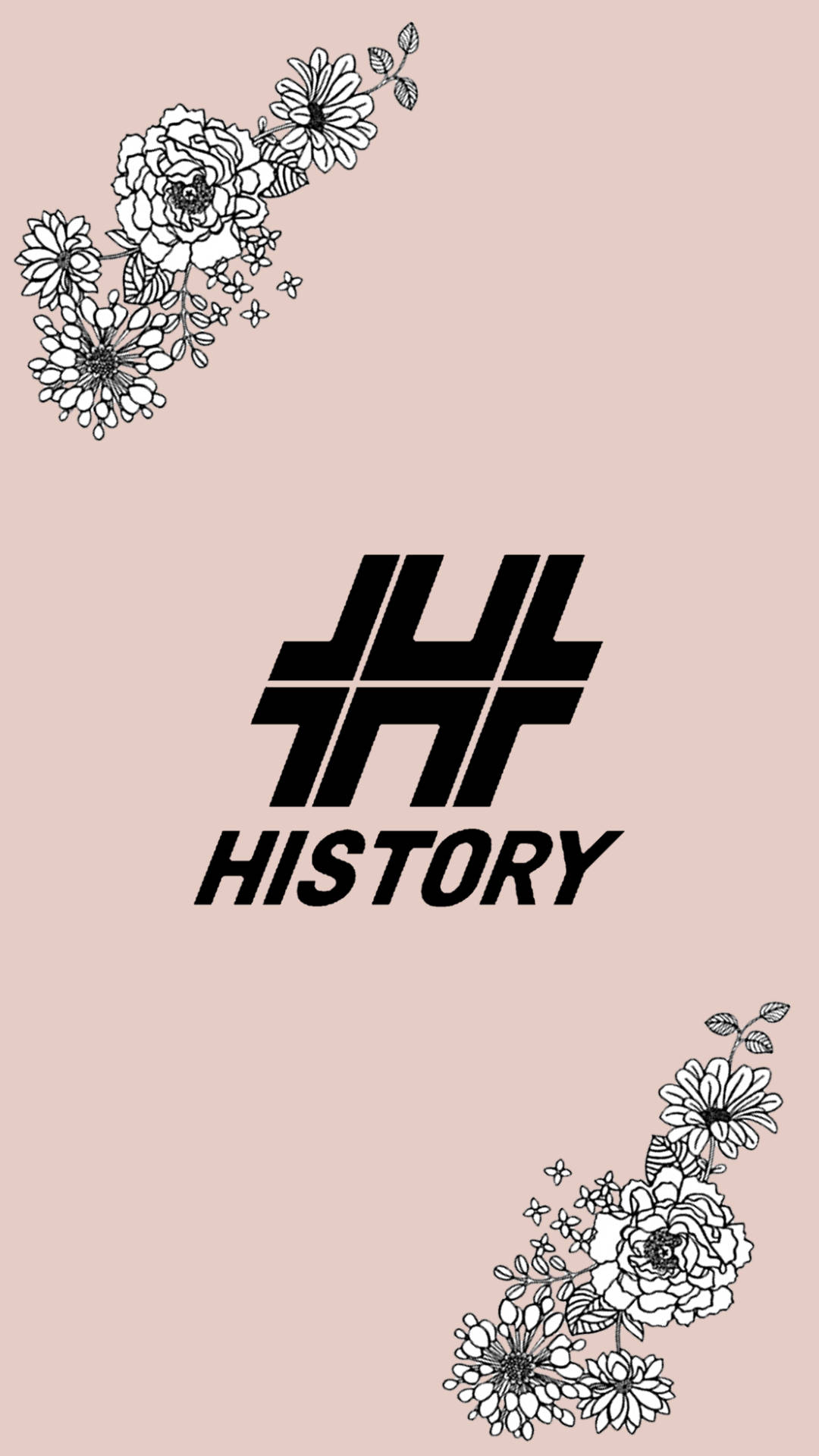 JUL HISTORY, black floral line-art corners, soft pink background, Full HD Phone Wallpaper