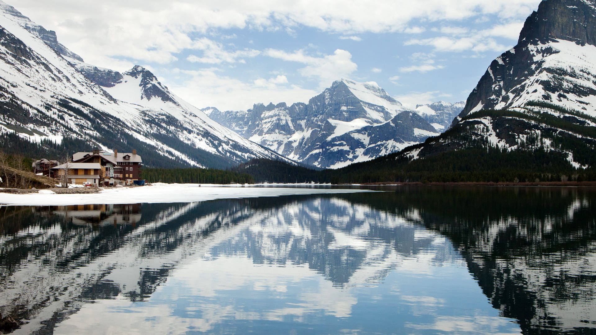 Aesthetic Landscape, alpine lake, snowcapped mountains, Full HD Desktop Wallpaper