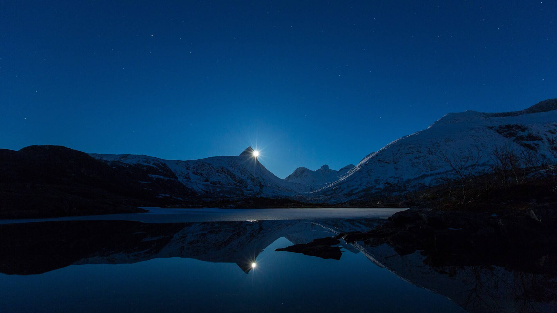 moon, snowy mountain, star, Full HD Desktop Wallpaper