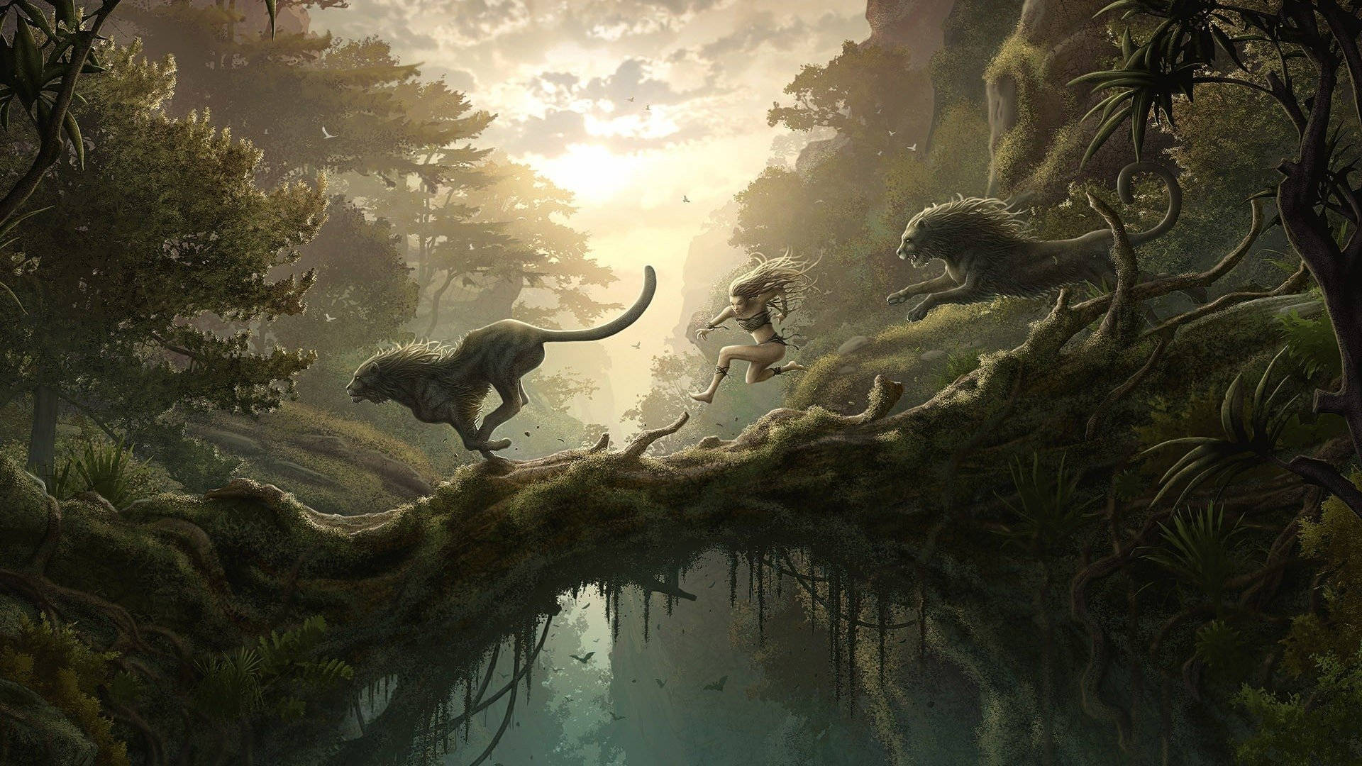 mossy root bridge, feline creatures, misty jungle, Full HD Desktop Wallpaper