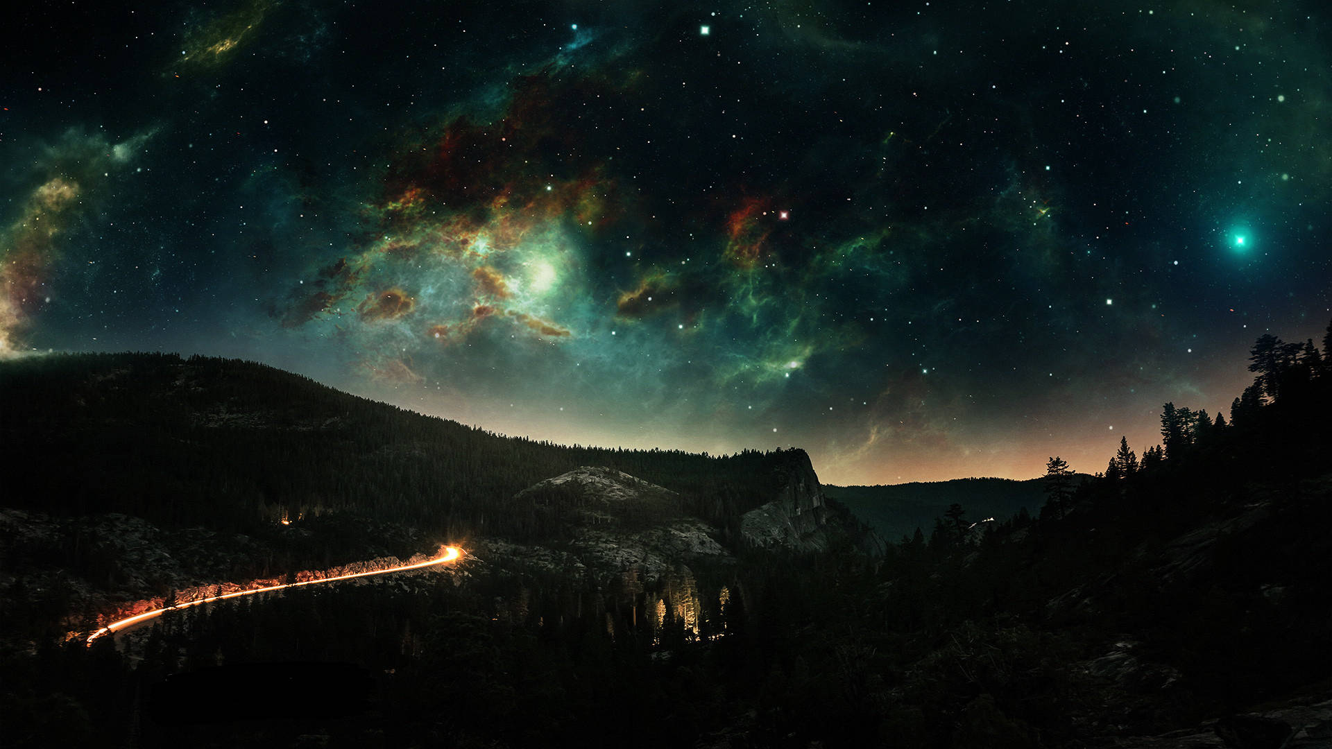 Aesthetic Landscape, galactic night sky, winding road, Full HD Desktop Wallpaper