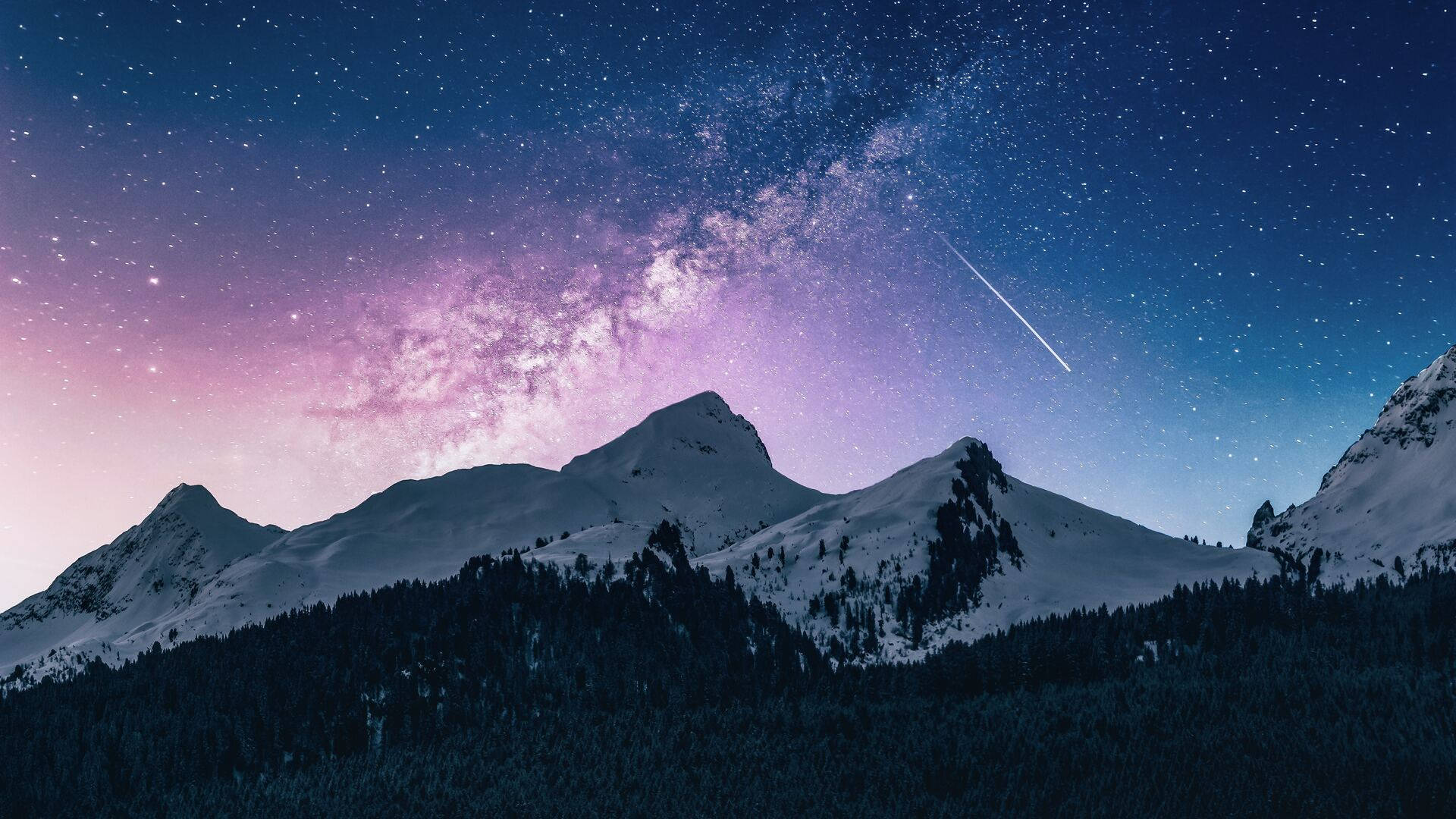 shooting star, snowy mountain peaks, vibrant starry sky, Full HD Desktop Wallpaper