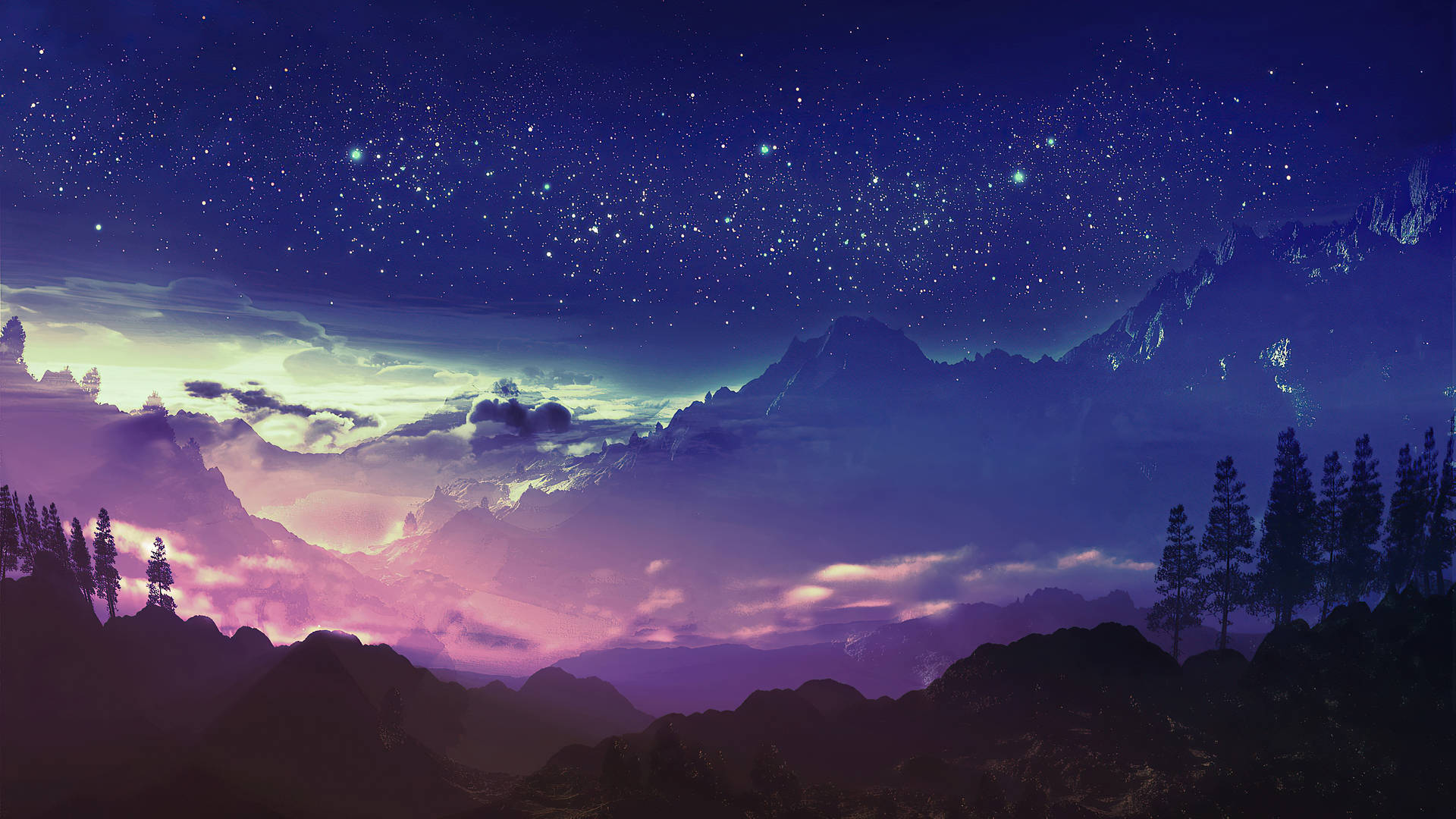 Aesthetic Landscape, starry night sky, mountain range, Full HD Desktop Wallpaper
