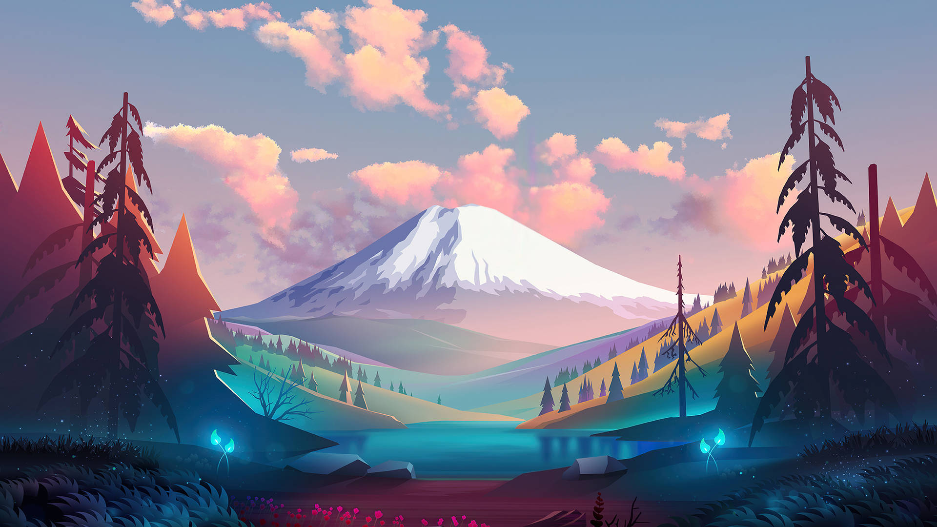 snow-capped peak, mountain lake, pastel sky, Full HD Desktop Wallpaper