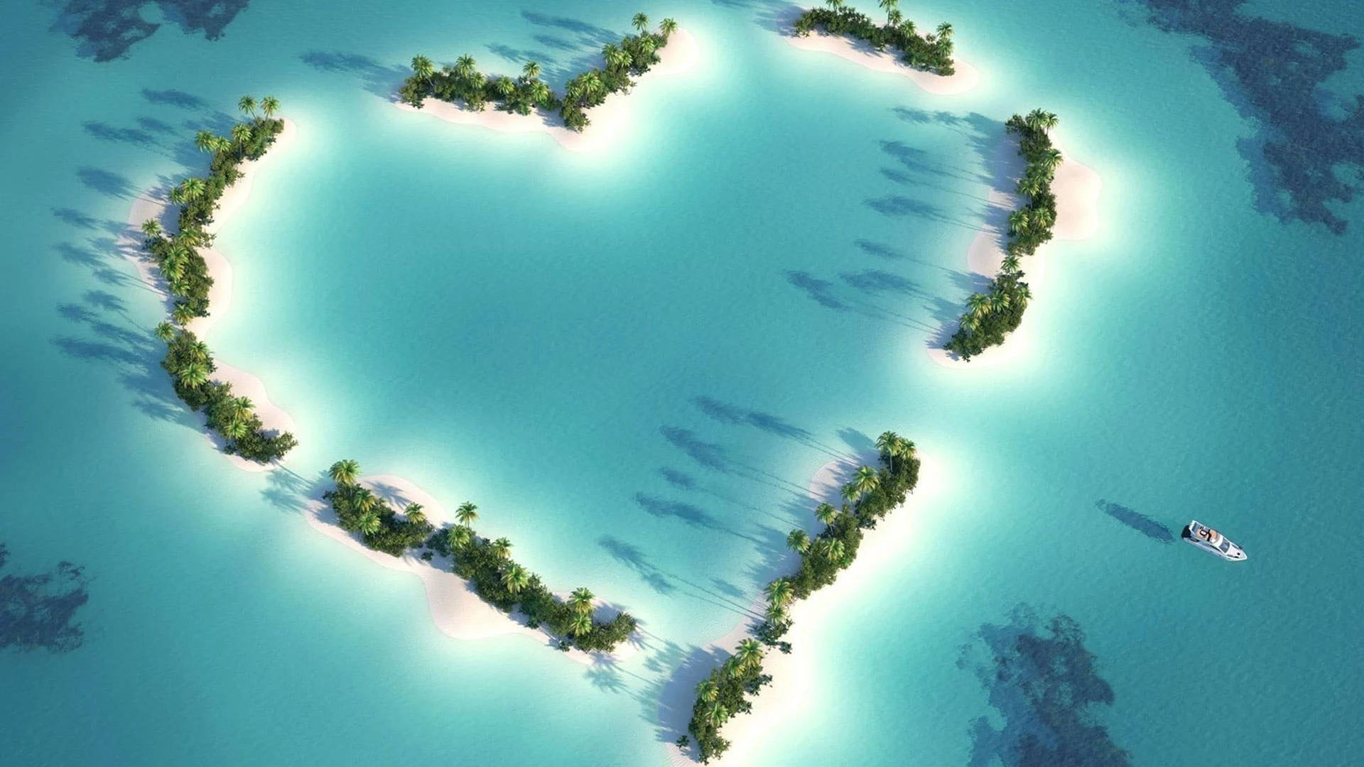 heart-shaped tropical island chain, turquoise waters, palm trees, Full HD Desktop Wallpaper
