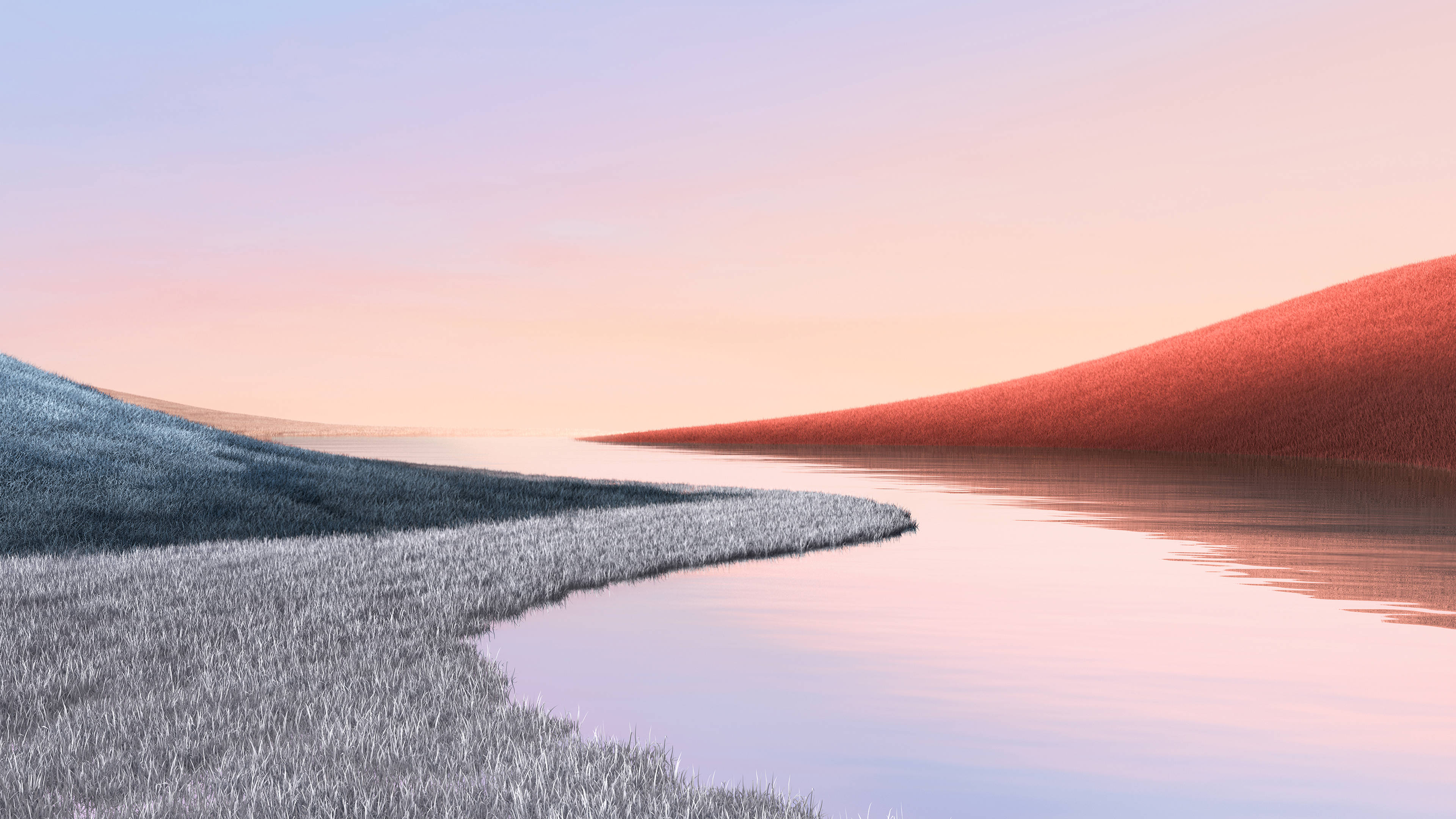 blue grassy hill, vibrant red dune, soft pink and lavender sky, 4K Desktop Wallpaper