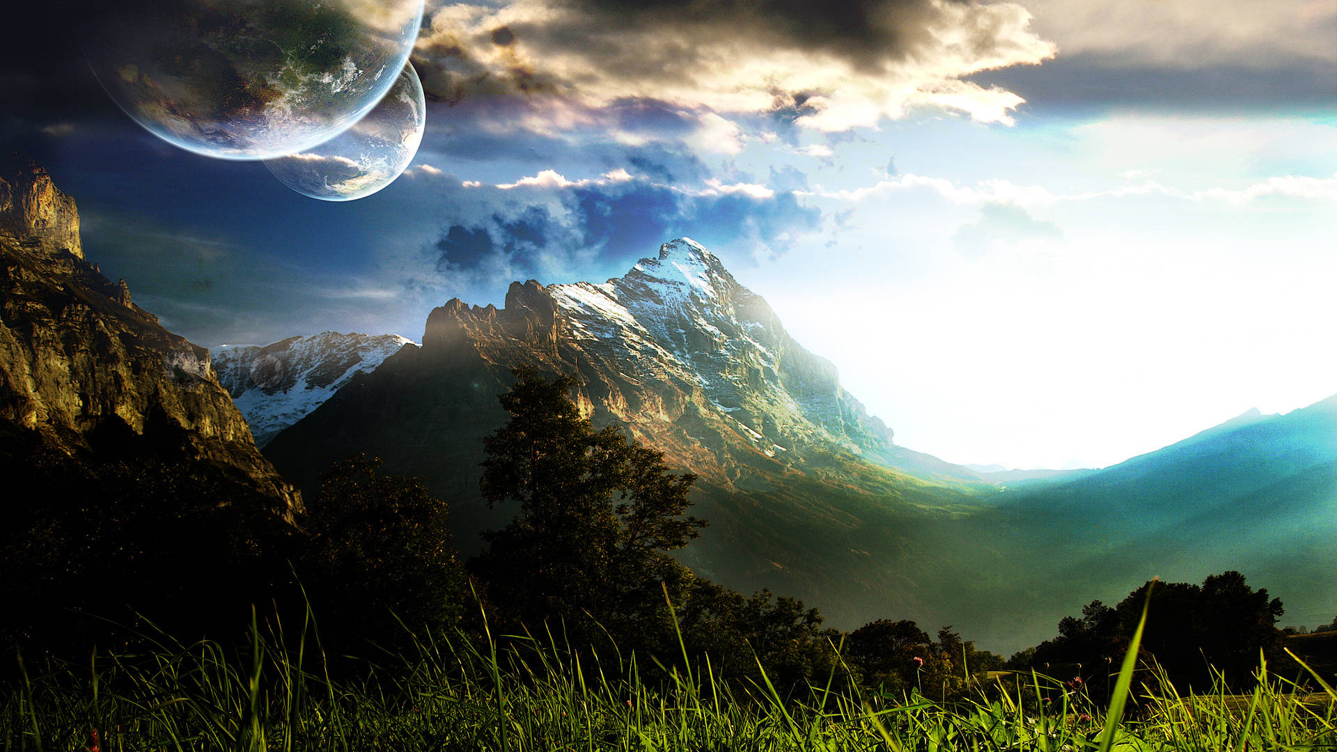 snow-capped mountain range, sunrise light, two planets, Full HD Desktop Wallpaper